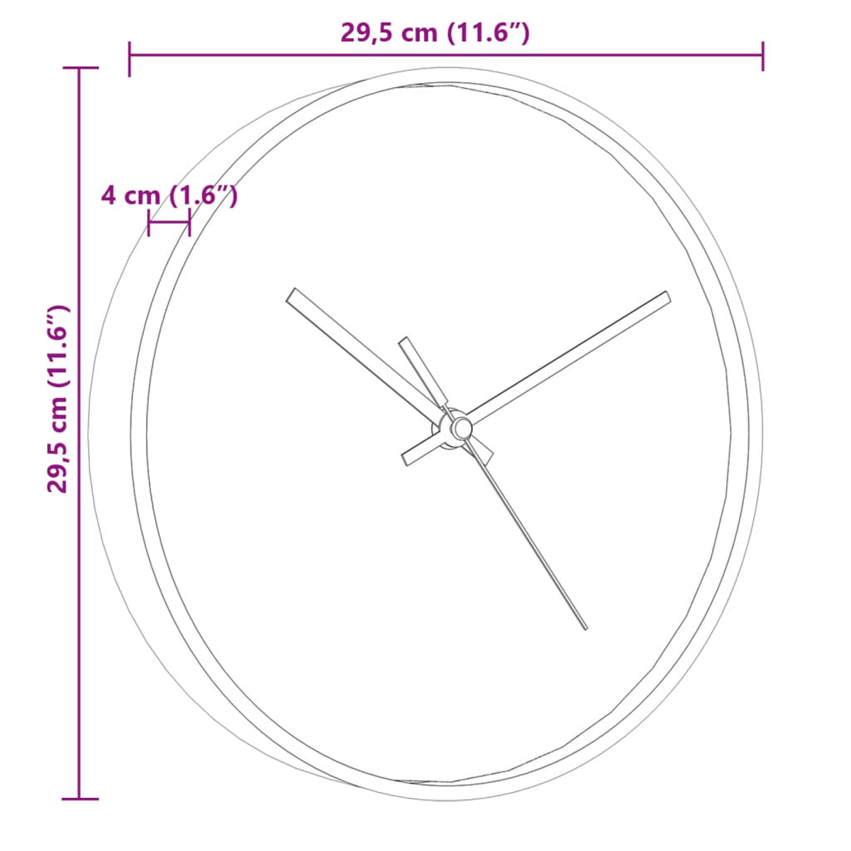 Eine Uhr mit Maßen ist abgebildet. Die Uhr ist kreisförmig mit Zeigern, die auf etwa 10:20 Uhr zeigen. Die Abmessungen betragen 29,5 cm und 4 cm.