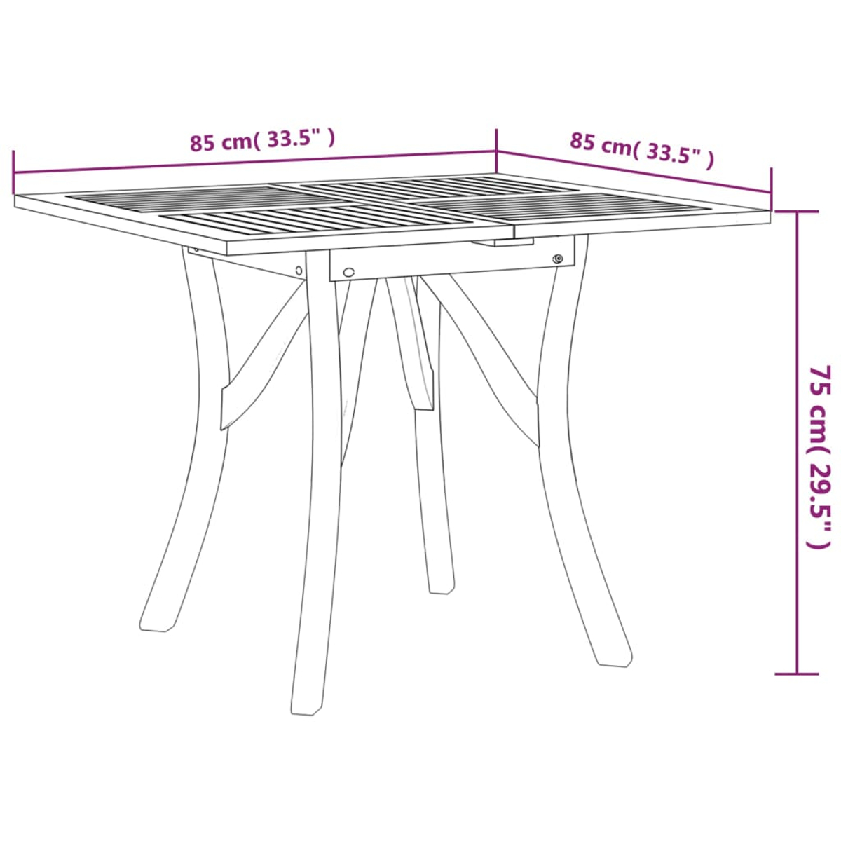 Strichzeichnung eines Holztisches. Der Tisch ist rechteckig mit Lattenrost und gebogenen Beinen. Abmessungen sind angegeben.