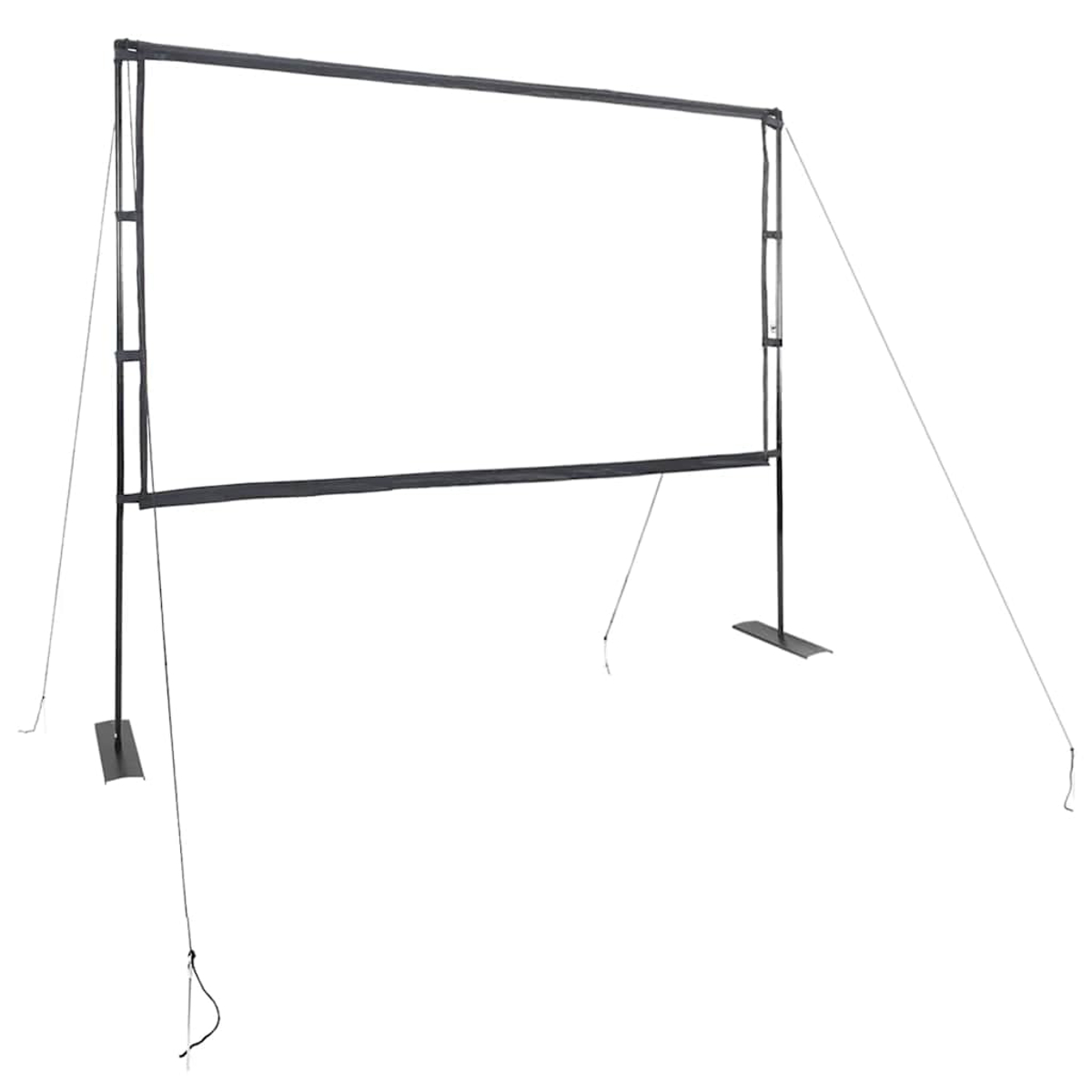 Eine tragbare Projektorleinwand auf weißem Hintergrund. Es hat einen schwarzen Rahmen und Stützbeine mit Spannseilen für Stabilität.