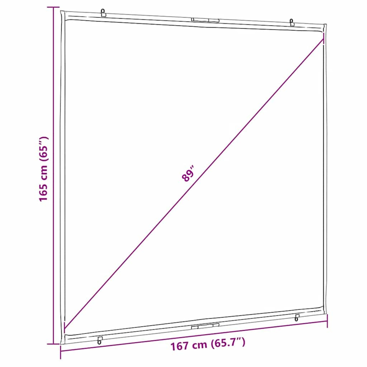 Ein Diagramm zeigt ein Rechteck mit den Maßen 165 cm x 167 cm. Eine Diagonale ist eingezeichnet und mit 89 Zoll beschriftet.
