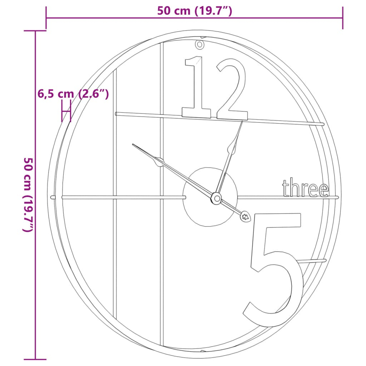 Eine runde Wanduhr mit Metallrahmen. Die Uhr zeigt die Zahlen 12 und 5. Die Zeiger stehen auf 9:59. Abmessungen sind angegeben.