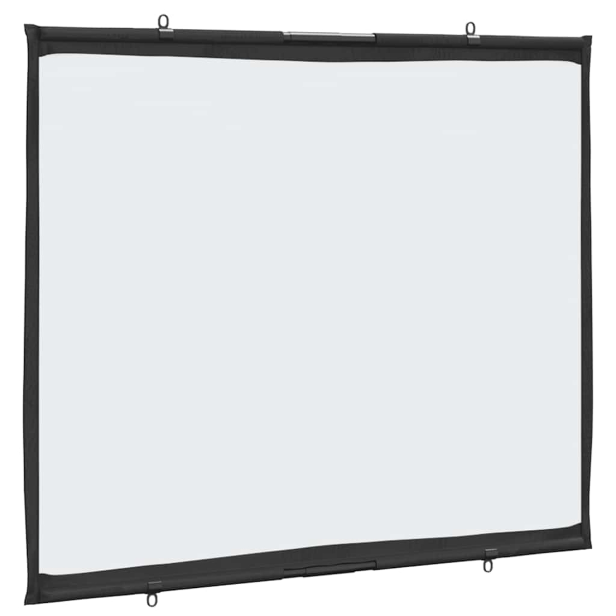 Eine rechteckige Projektorleinwand mit weißer Oberfläche, umgeben von einem schwarzen Rahmen. Sie hat mehrere Aufhängeschlaufen.