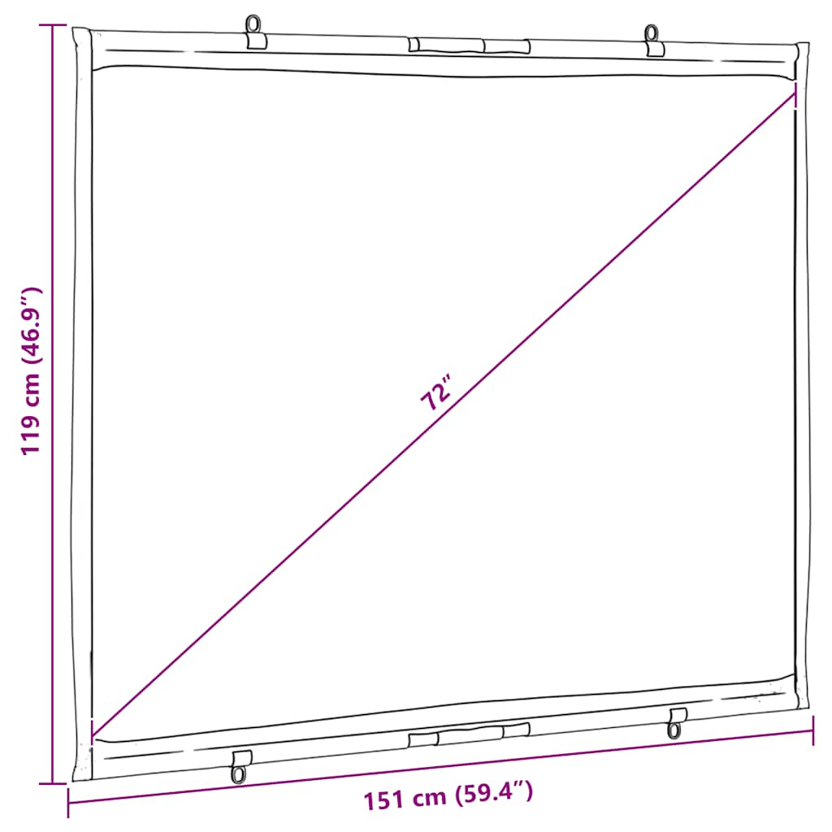 Ein rechteckiger Bildschirm mit den Maßen 119 cm x 151 cm. Eine Diagonale zeigt 72". Er hat Aufhängeringe.
