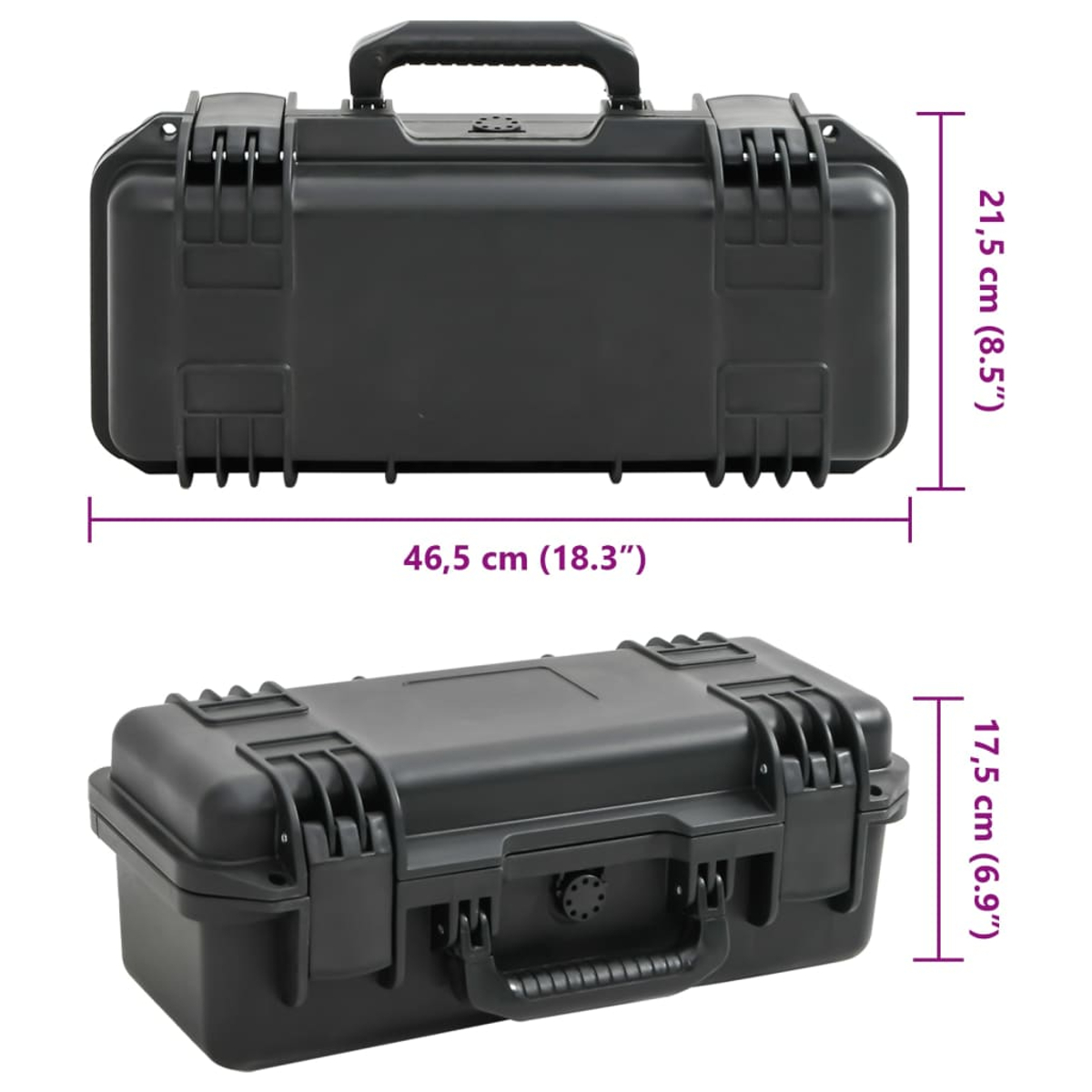 Zwei Ansichten eines schwarzen, rechteckigen Hartschalenkoffers. Abmessungen sind beschriftet: 46,5 cm (18,3"), 21,5 cm (8,5") und 17,5 cm (6,9").