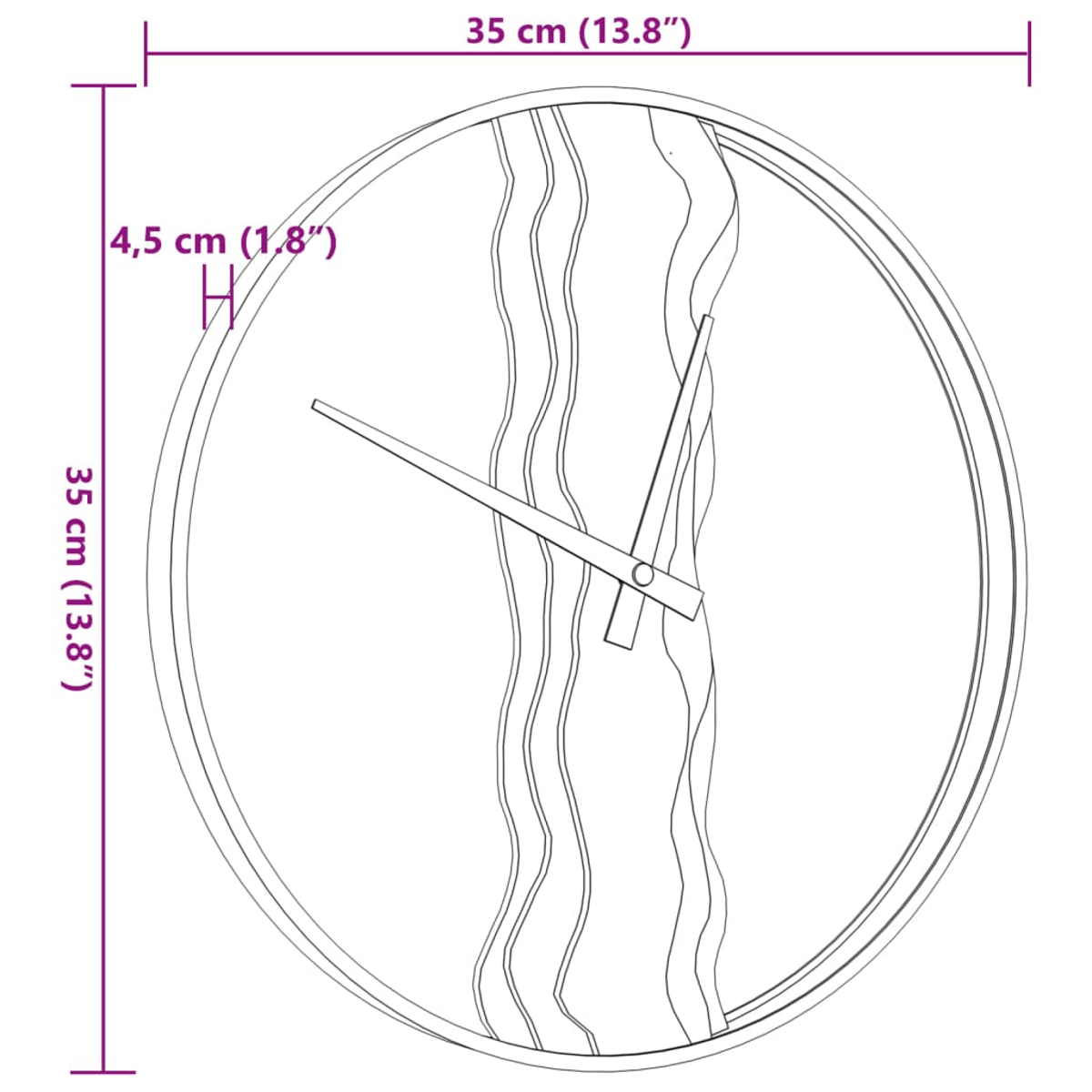 Eine schwarz-weiße Strichzeichnung einer Uhr mit kreisförmigem Rahmen und wellenförmigem Design in der Mitte.