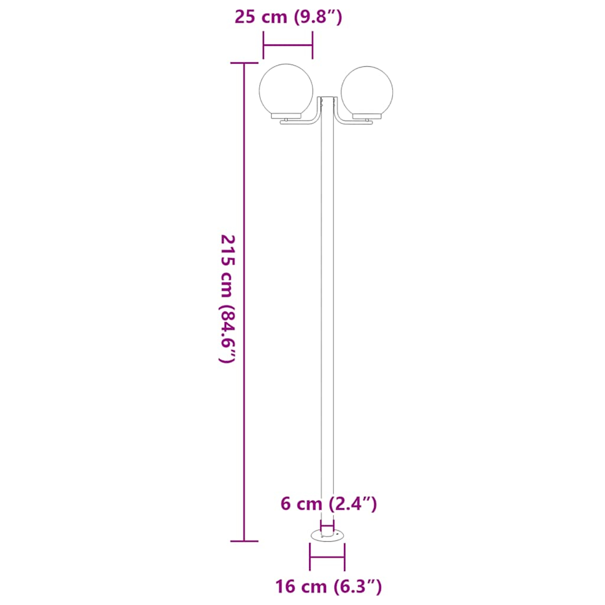 Schema di una lampada con due globi. Le dimensioni sono indicate in cm e pollici: altezza 215 cm, larghezza 25 cm, larghezza base 16 cm.