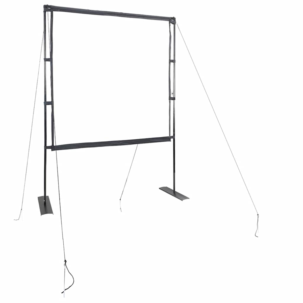 Ein schwarzer Metallrahmen für eine Projektionsleinwand mit weißer Öffnung. Kabel verlaufen zum Boden. Isoliert auf weißem Hintergrund.