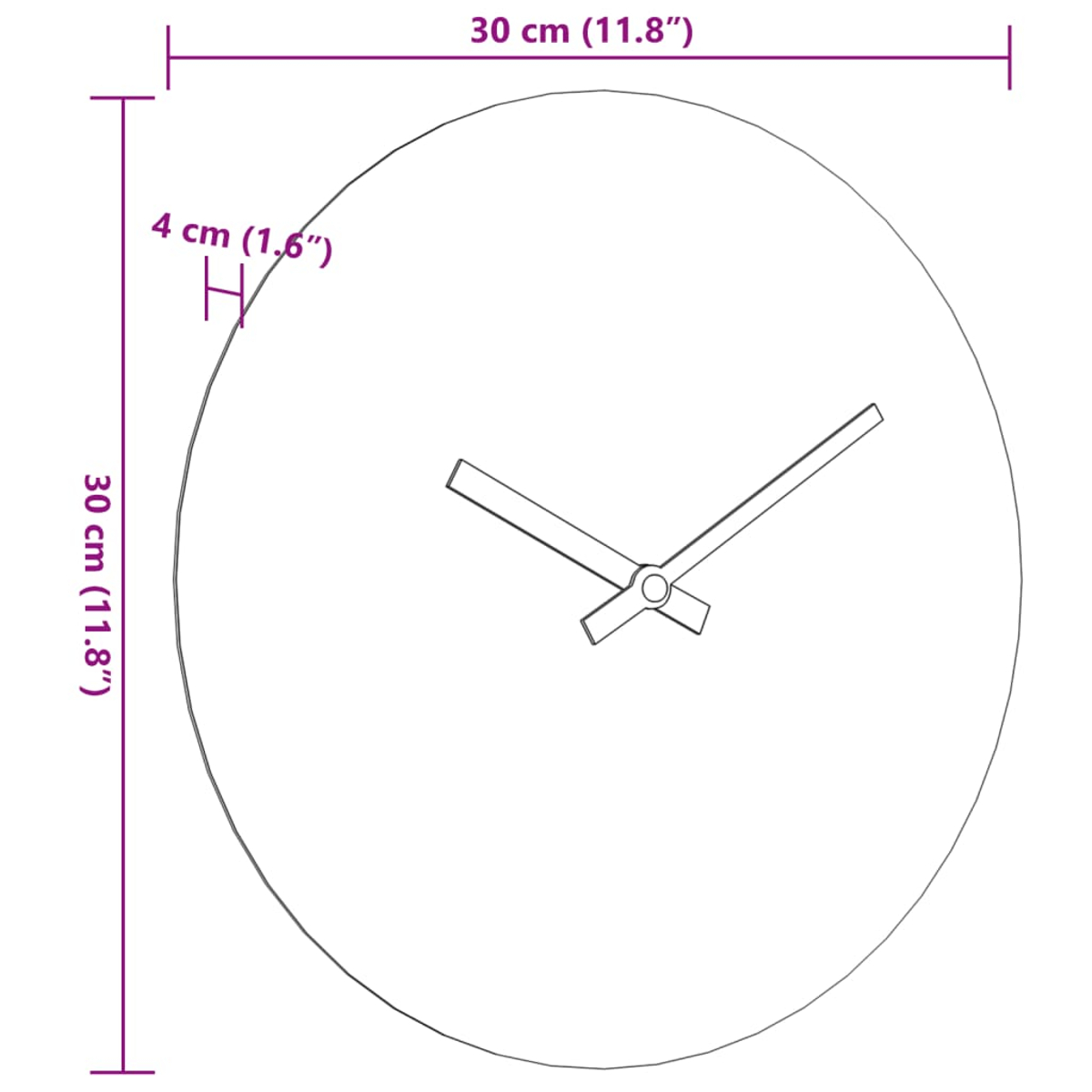 Ein Diagramm einer runden Uhr mit Abmessungen. Die Uhr hat einen Durchmesser von 30 cm. Die Zeiger zeigen auf 10 Minuten nach 2.