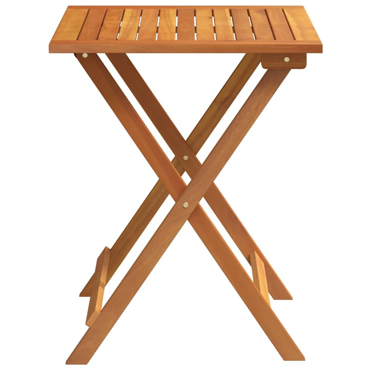 Ein klappbarer Holztisch. Die Tischplatte ist rechteckig mit Lamellen. Die Beine sind gekreuzt und die Farbe ist hellbraun.