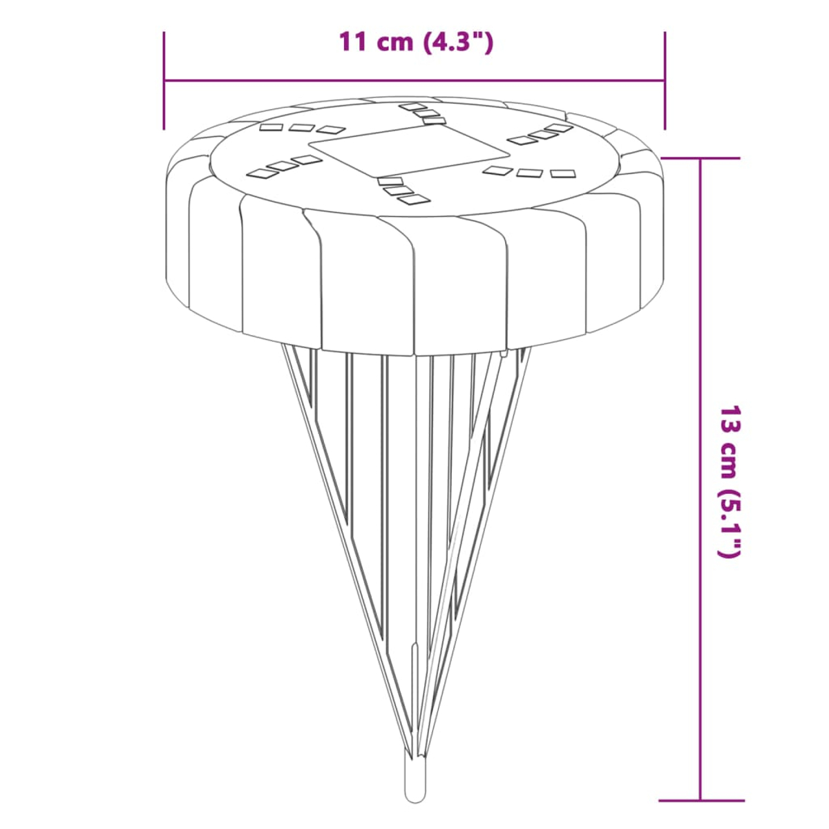 Eine Illustration zeigt ein weißes Objekt mit den Maßen: 11 cm (4,3") breit, 13 cm (5,1") hoch. Es hat eine runde Oberseite und einen konischen Boden.