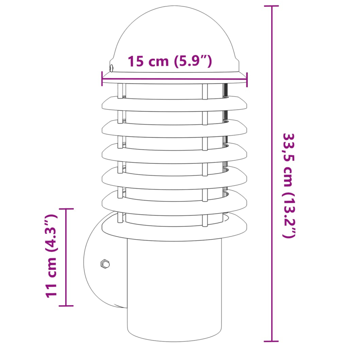 Un diagramma di una lampada. Mostra le dimensioni: 15 cm di larghezza, 33,5 cm di altezza e 11 cm di profondità. La lampada ha un top a cupola e una base cilindrica.