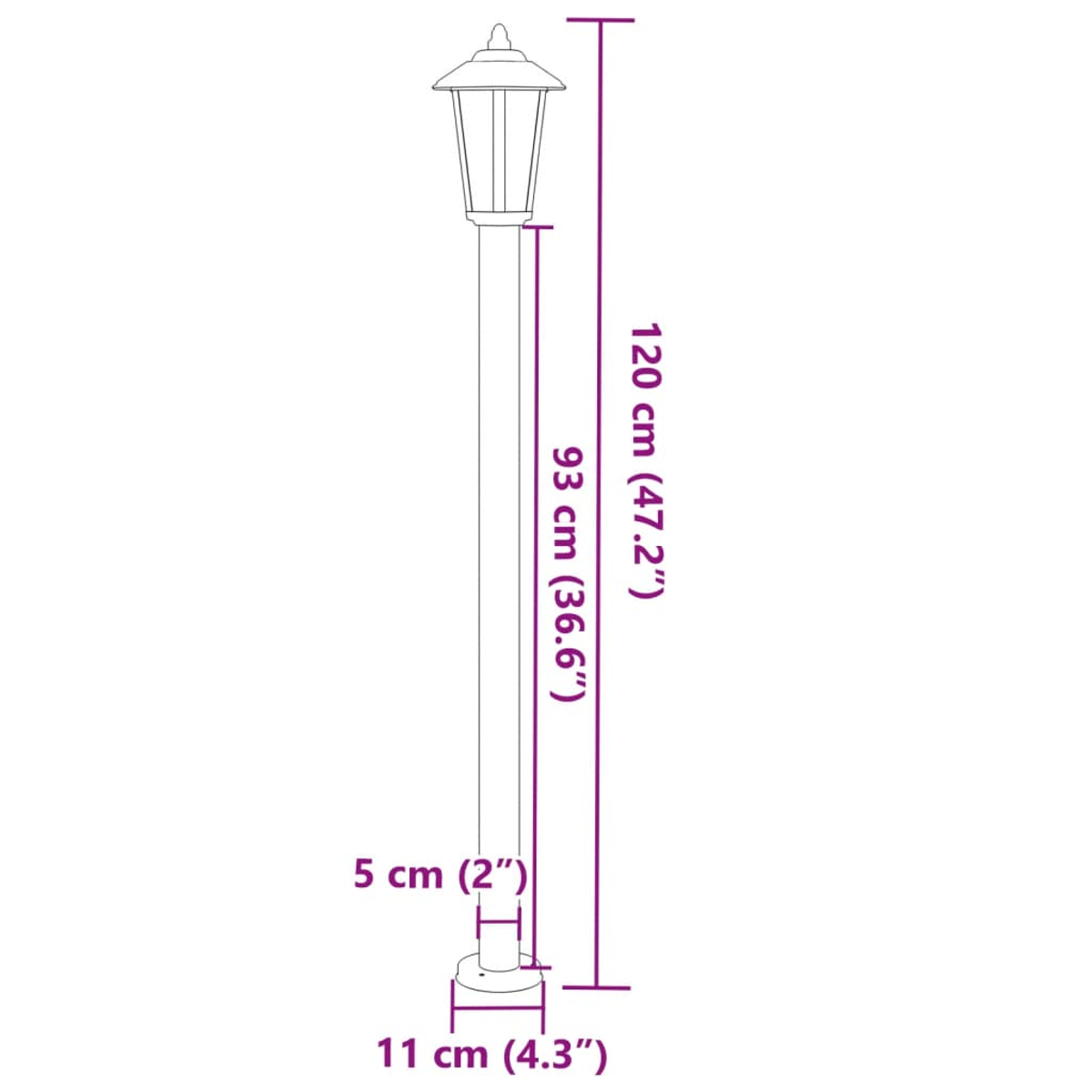 Eine hohe, weiße Laterne mit Maßangaben. Sie hat einen Laternenaufsatz und eine 11 cm breite Basis.