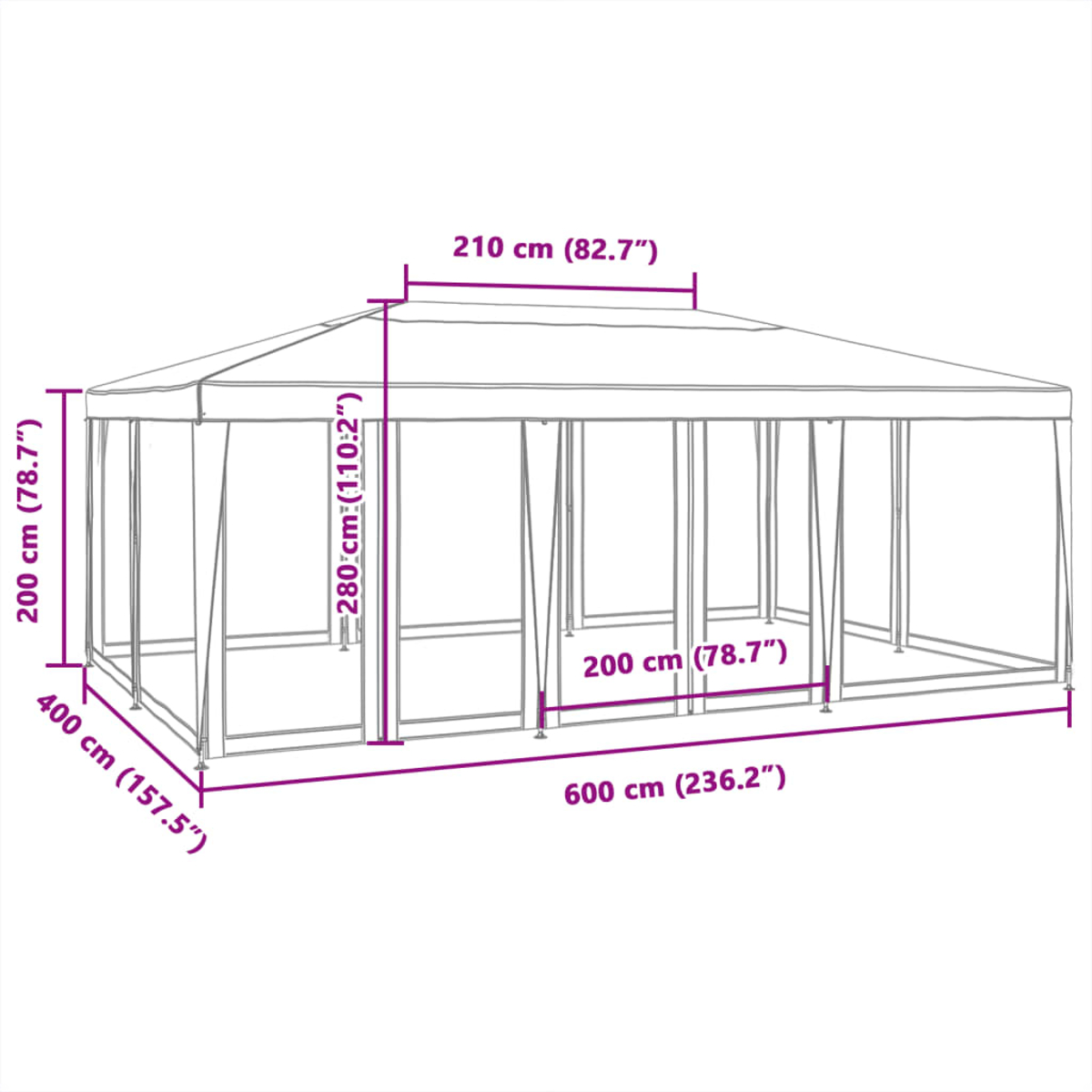 Ein weißer Pavillon mit Abmessungen in cm und Zoll. Er hat eine rechteckige Form mit Vorhängen und einem Dach.