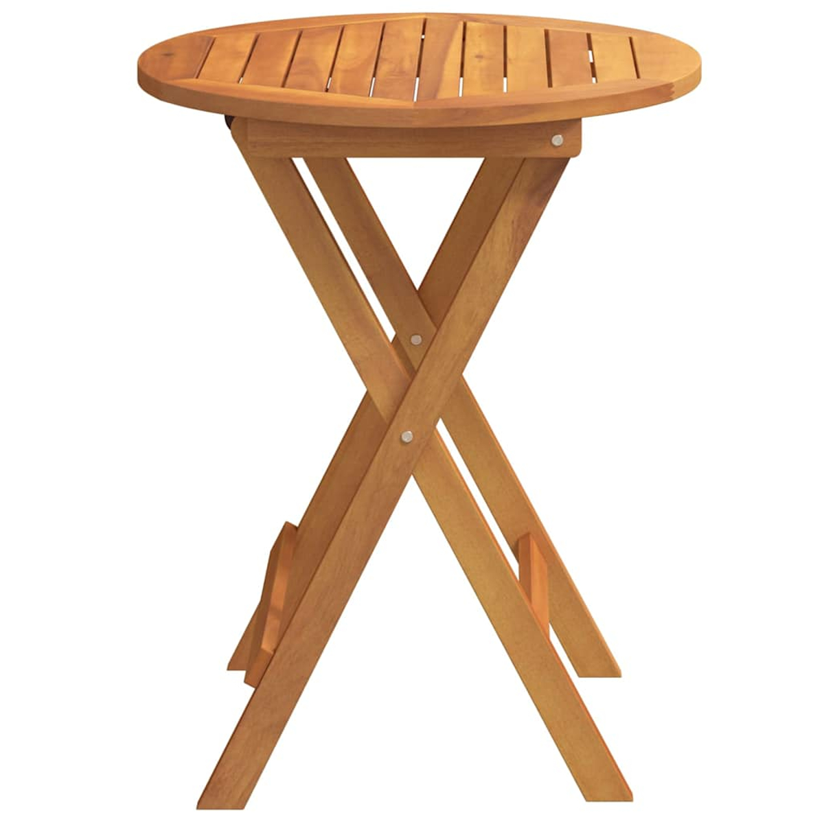 Ein klappbarer Holztisch. Die runde Tischplatte hat Holzlatten. Die Beine sind gekreuzt und bilden ein X. Das Holz ist hellbraun.