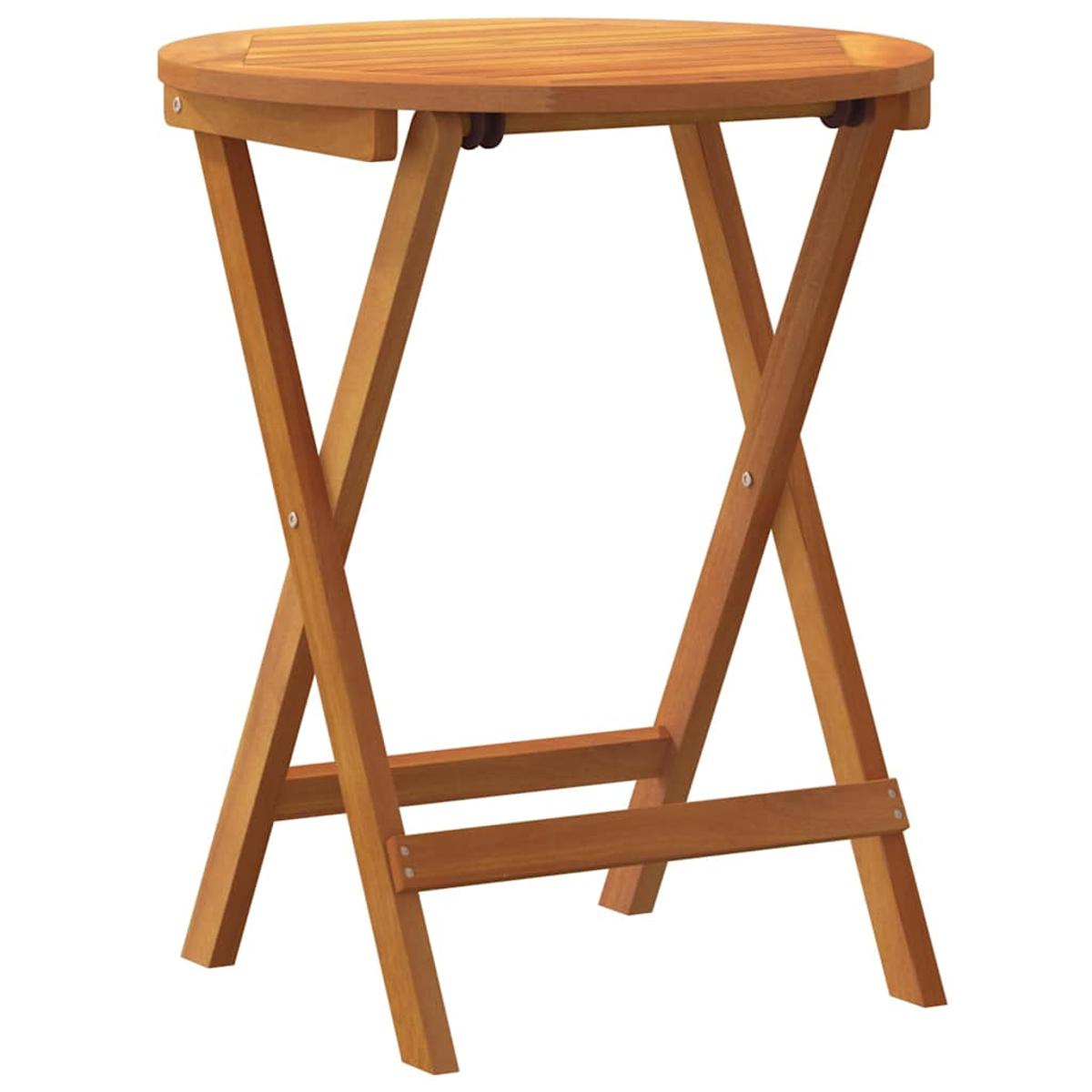 Ein kleiner, runder Klapptisch aus Holz. Der Tisch hat eine hellbraune Farbe und ein kreuzbeiniges Gestell.