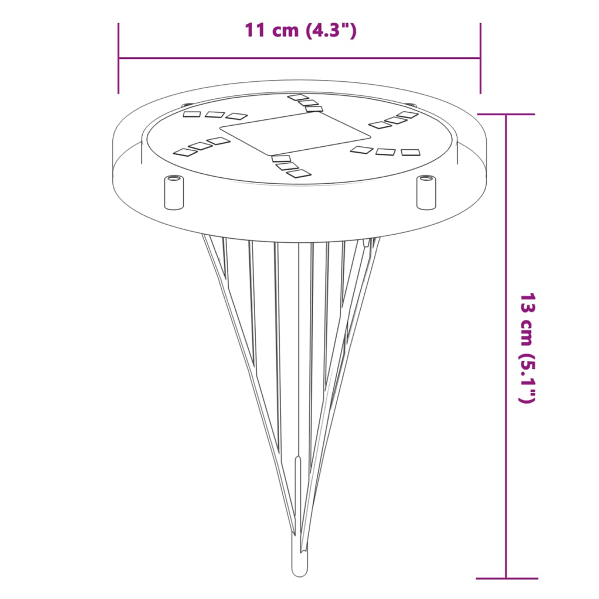Diagramm einer Solar-Gartenleuchte. Es zeigt die Abmessungen: 11 cm breit und 13 cm hoch. Die Leuchte ist konisch und hat eine runde Oberseite.