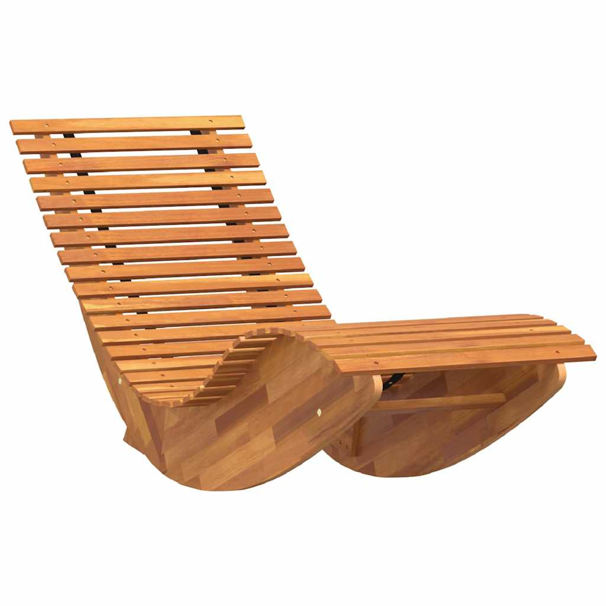 Ein Schaukelstuhl aus Holz. Er hat horizontale Lamellen für Rücken und Sitz. Gebogene Basis zum Schaukeln. Hellbraune Farbe.