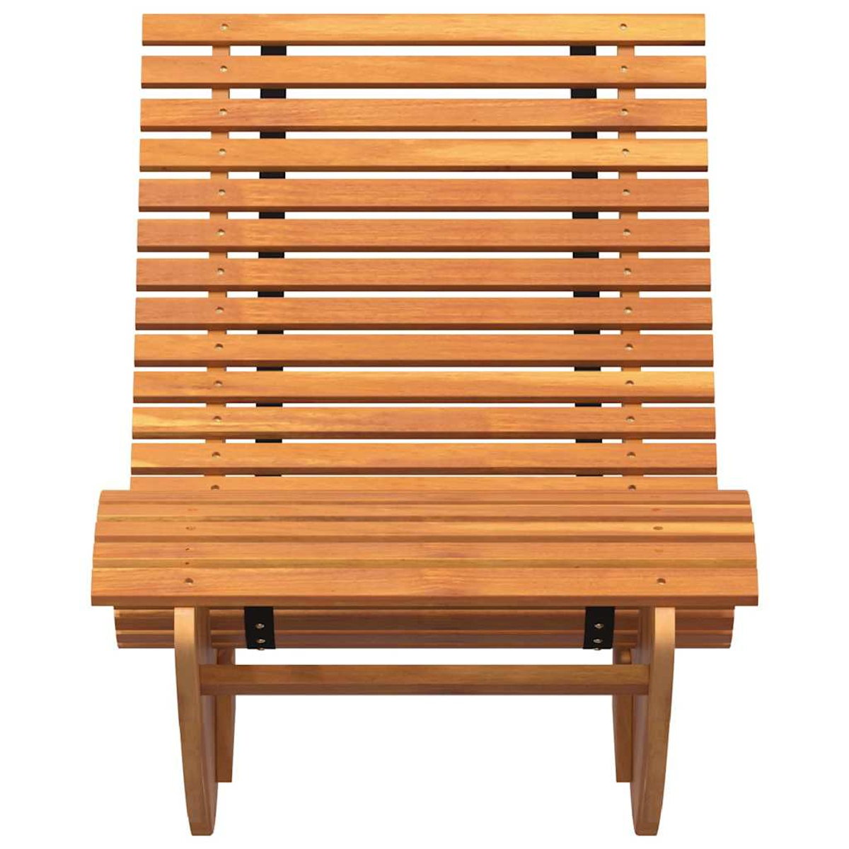 Ein Holzstuhl mit horizontalen Lamellen für Rücken und Sitz. Der Stuhl besteht aus hellbraunem Holz mit schwarzen Metallstützen.