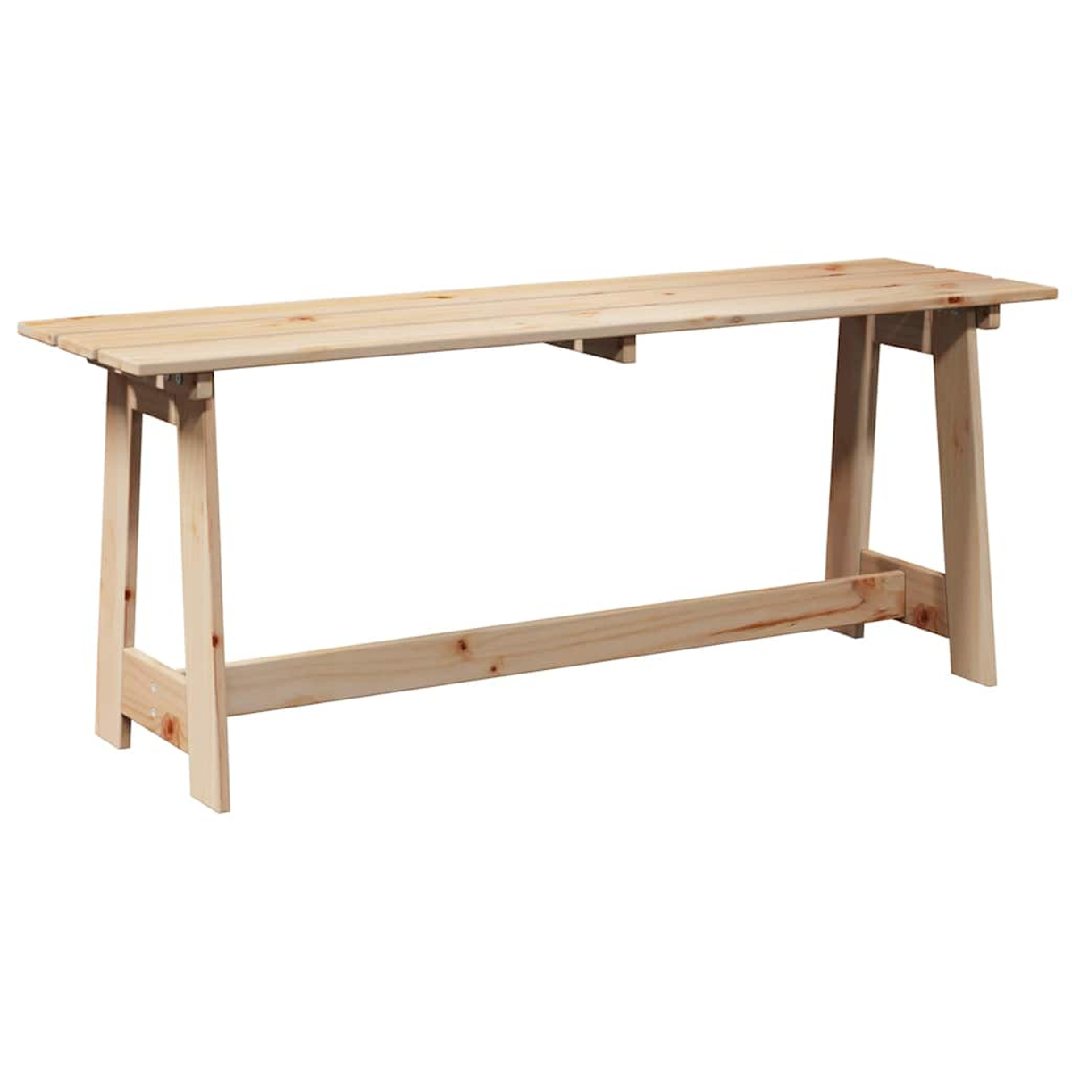 Eine hellbraune Holzbank mit rechteckiger Oberseite und A-förmigen Beinen steht vor weißem Hintergrund. Sie hat ein einfaches Design.
