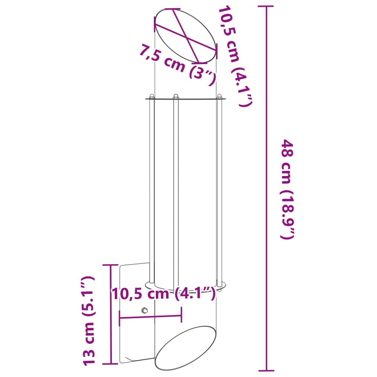 Diagramm eines zylindrischen Objekts mit Abmessungen. Oberes Oval: 10,5 cm x 7,5 cm. Basis: 10,5 cm. Höhe: 48 cm. Seite: 13 cm.