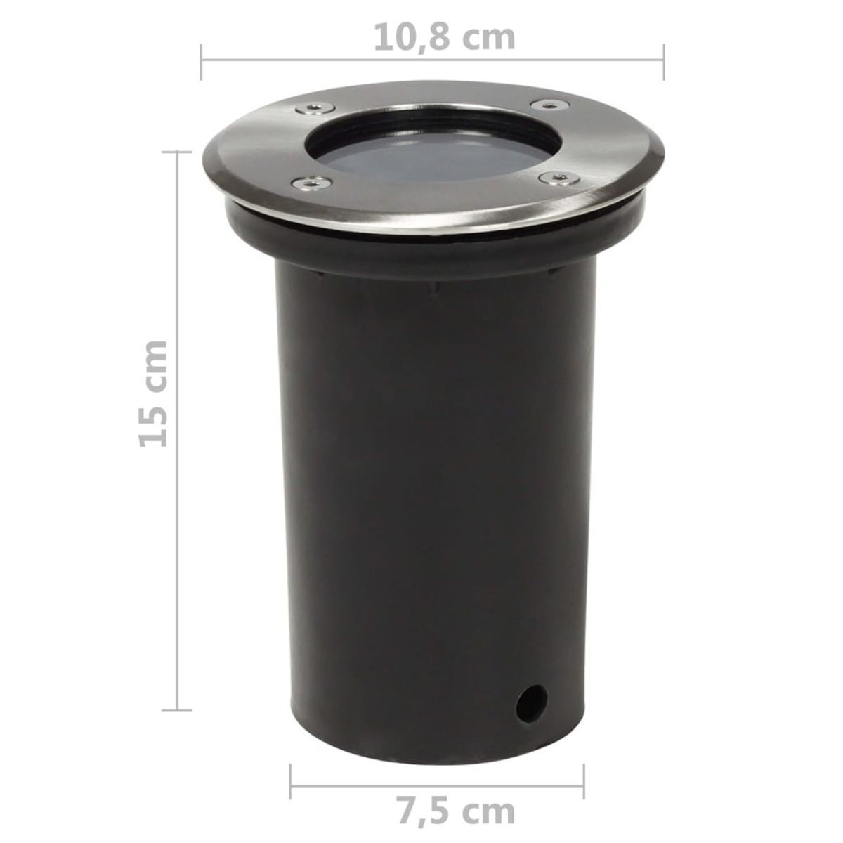 Eine schwarze, zylindrische Außenleuchte mit silbernem Rand und klarer Glaslinse. Abmessungen sind auf dem Bild angegeben.