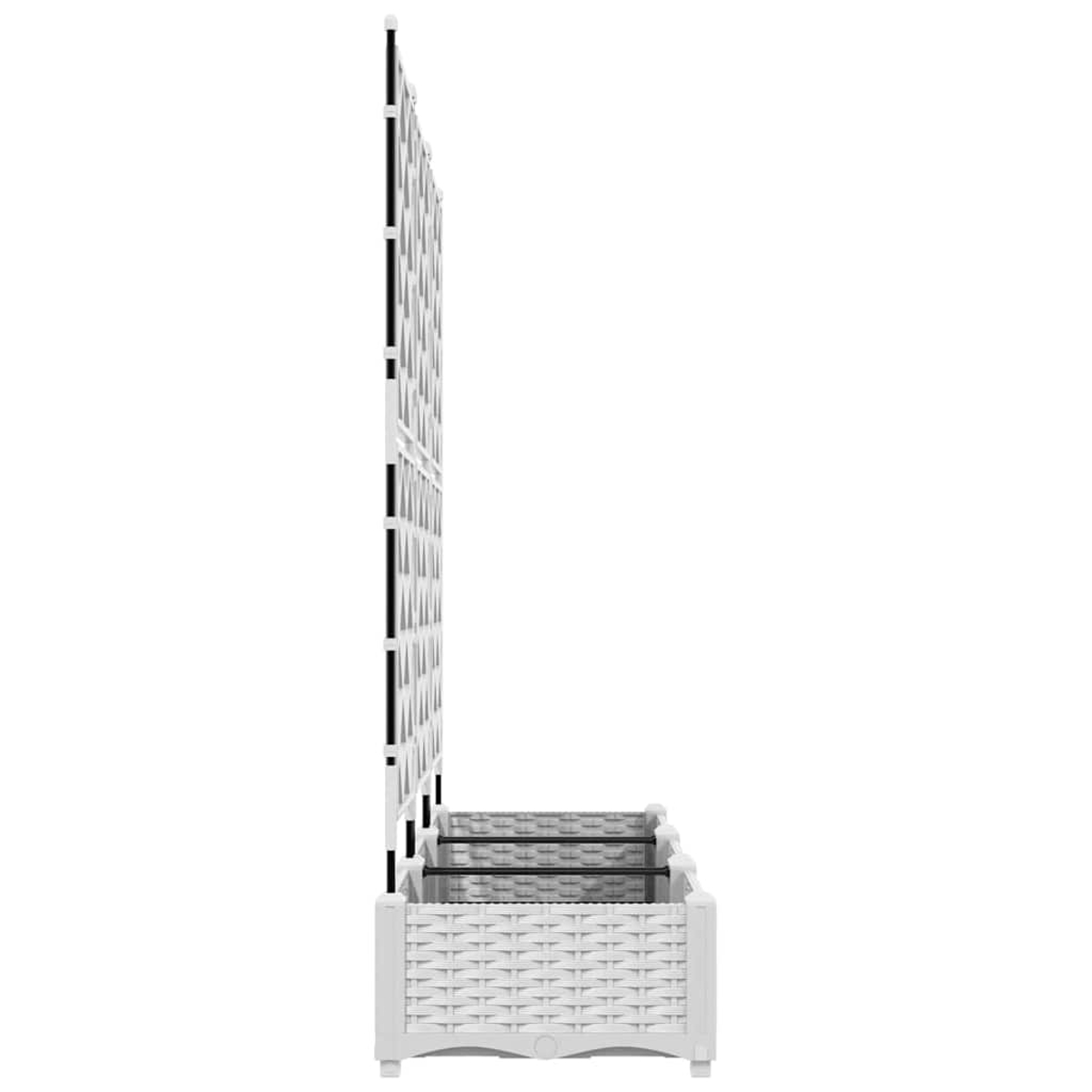 Tralcio bianco con fioriera. Il traliccio ha un motivo a griglia. La fioriera ha un design intrecciato. Vista laterale.