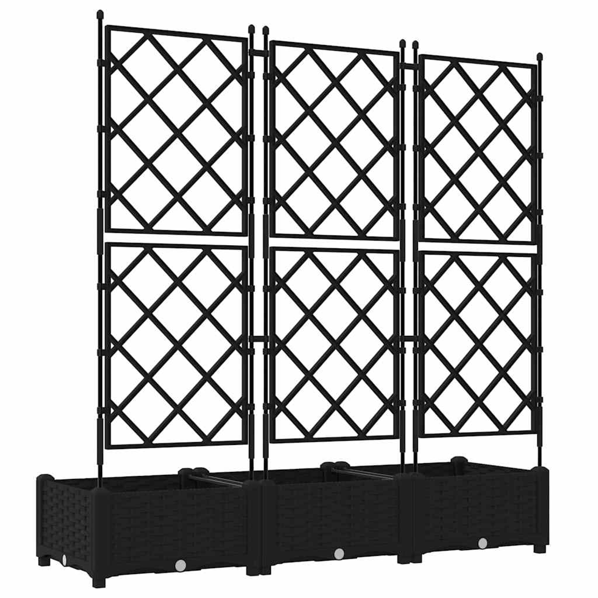 Traliccio nero con motivo a rombi, tre sezioni, sopra tre fioriere collegate. Design semplice e moderno per giardino o patio.