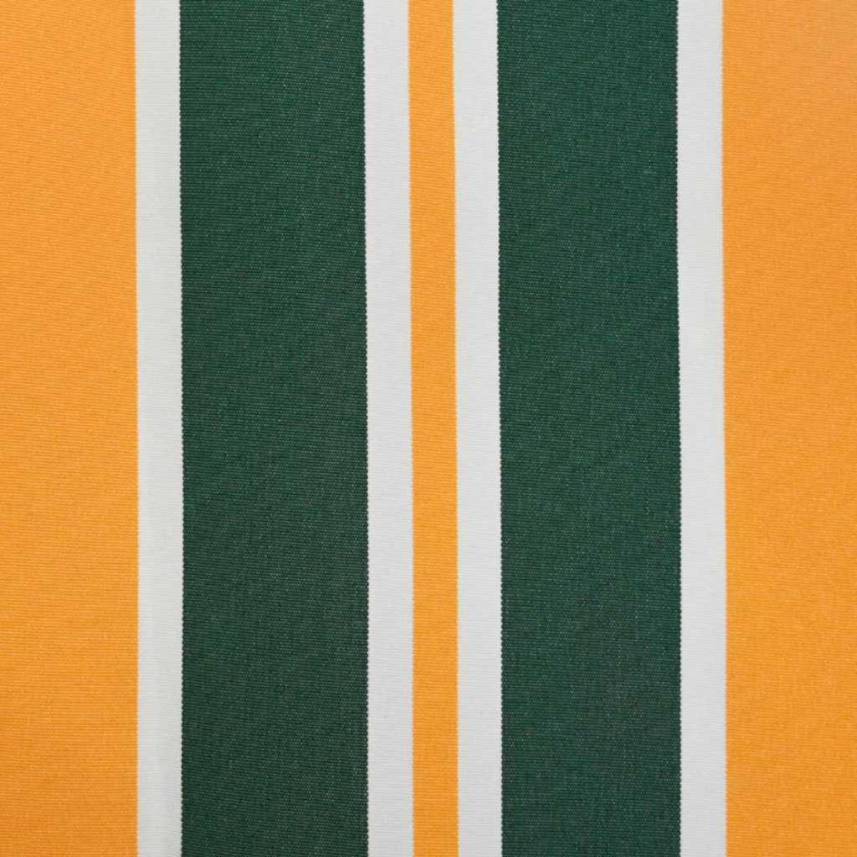 Nahaufnahme eines Stoffes mit vertikalen Streifen. Abwechselnde Streifen: grün, weiß, orange, weiß, grün, mit orangen Rändern.