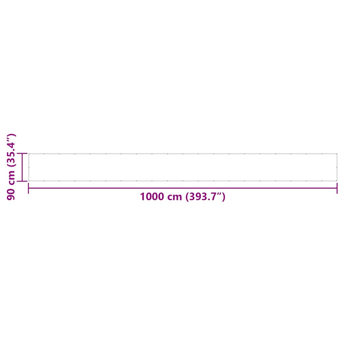 Diagramm, das ein langes, dünnes Rechteck mit den Maßen zeigt: 1000 cm (393,7") lang und 90 cm (35,4") hoch.