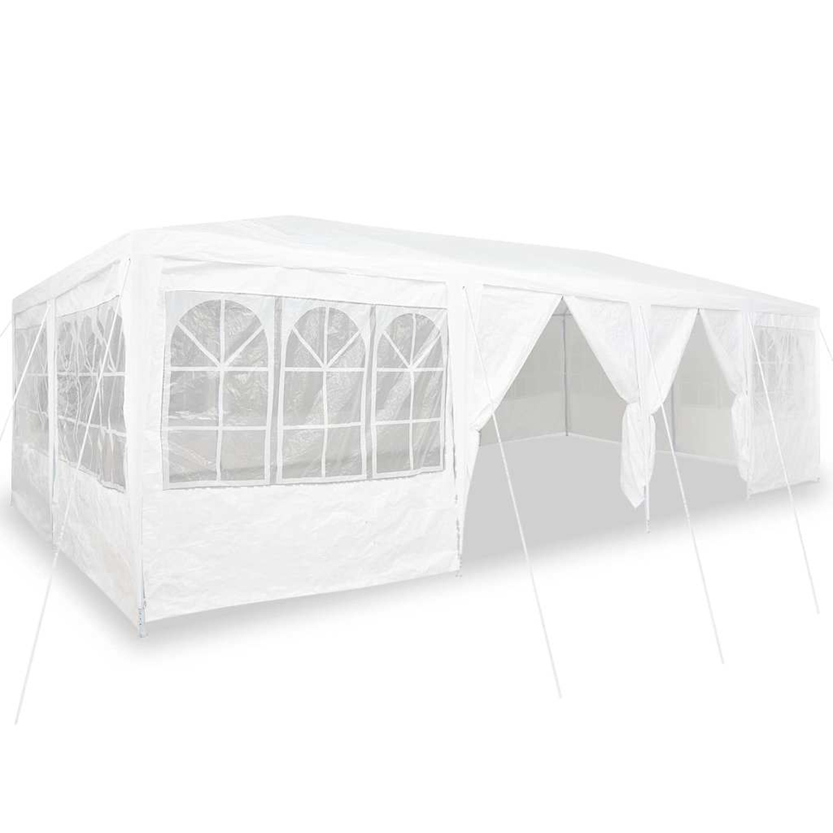 Una carpa rectangular blanca con ventanas arqueadas y laterales abiertos. Postes blancos sostienen la estructura. El fondo es blanco.