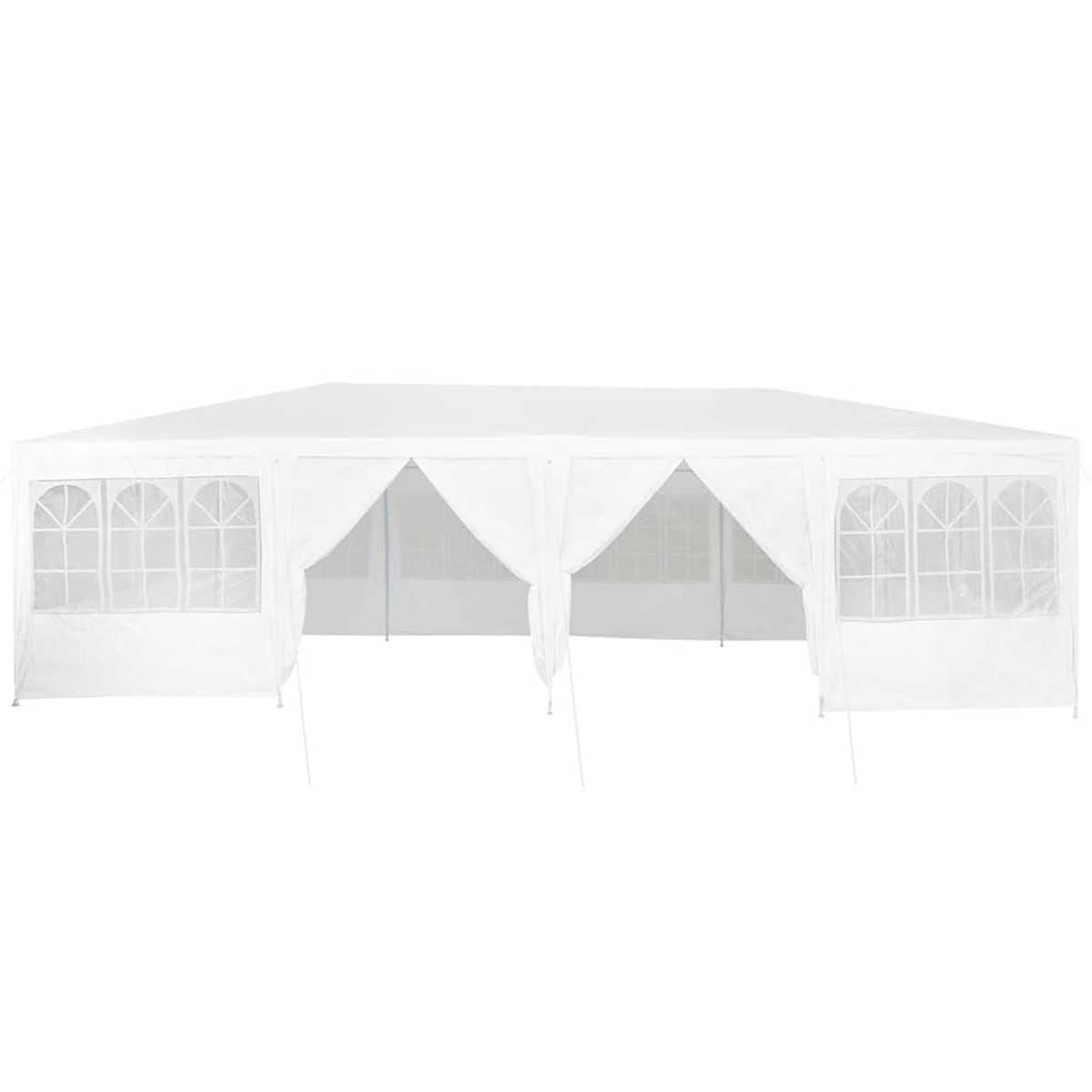 Se muestra una gran carpa blanca. Tiene múltiples secciones con paneles de ventana y entradas drapeadas, todo sobre un fondo blanco.