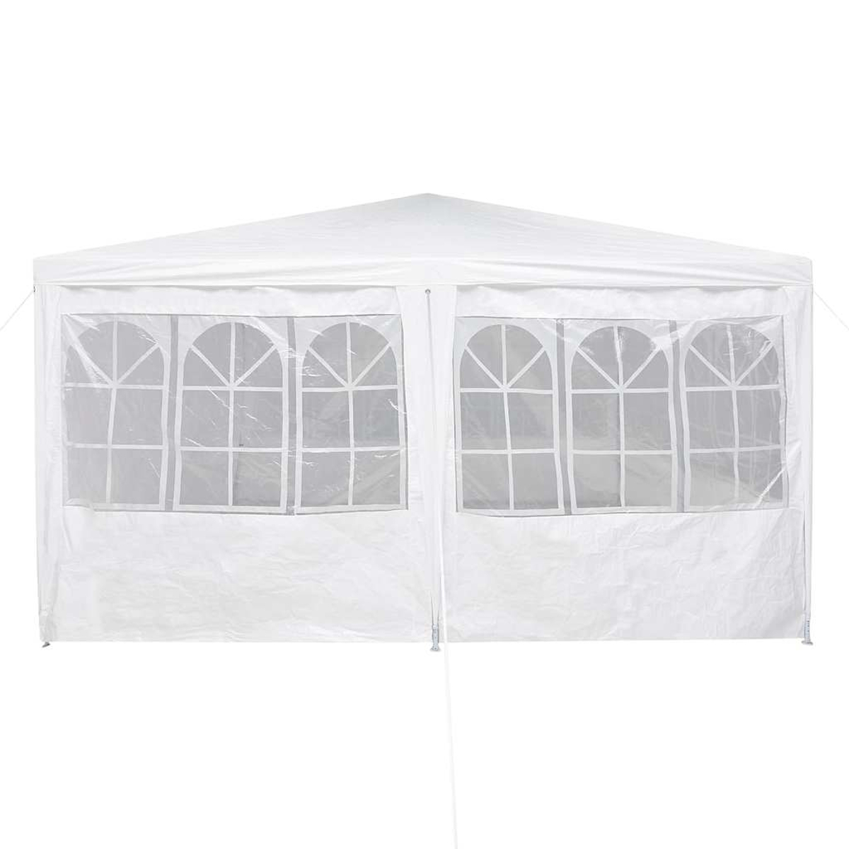 Una carpa blanca con ventanas transparentes. La carpa tiene un techo triangular y está sobre un fondo blanco. Las ventanas tienen un patrón de rejilla.