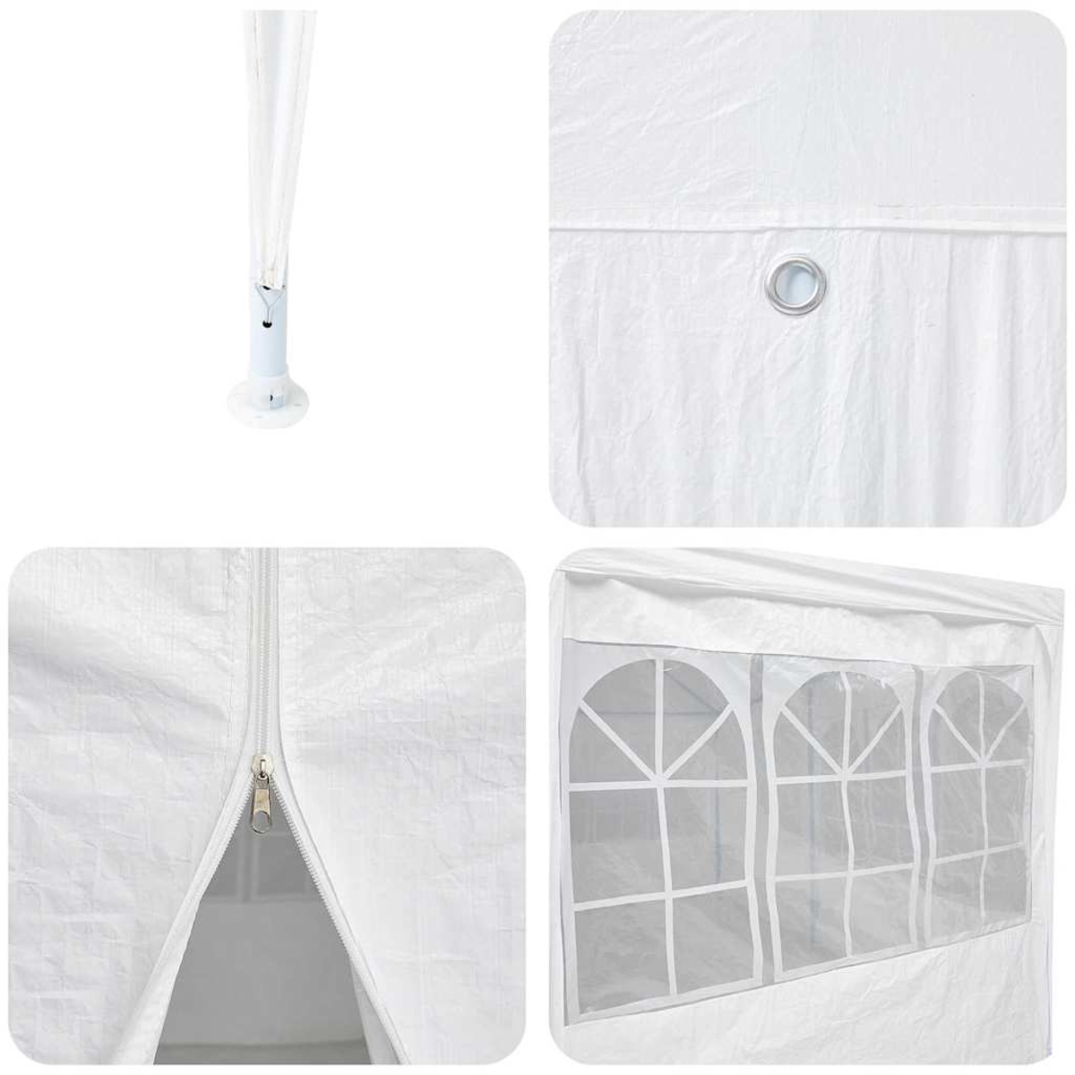 Componentes de tienda blanca: poste, tela, cremallera y secciones de ventana. Detalles incluyen ojales y diseño de ventana arqueada.