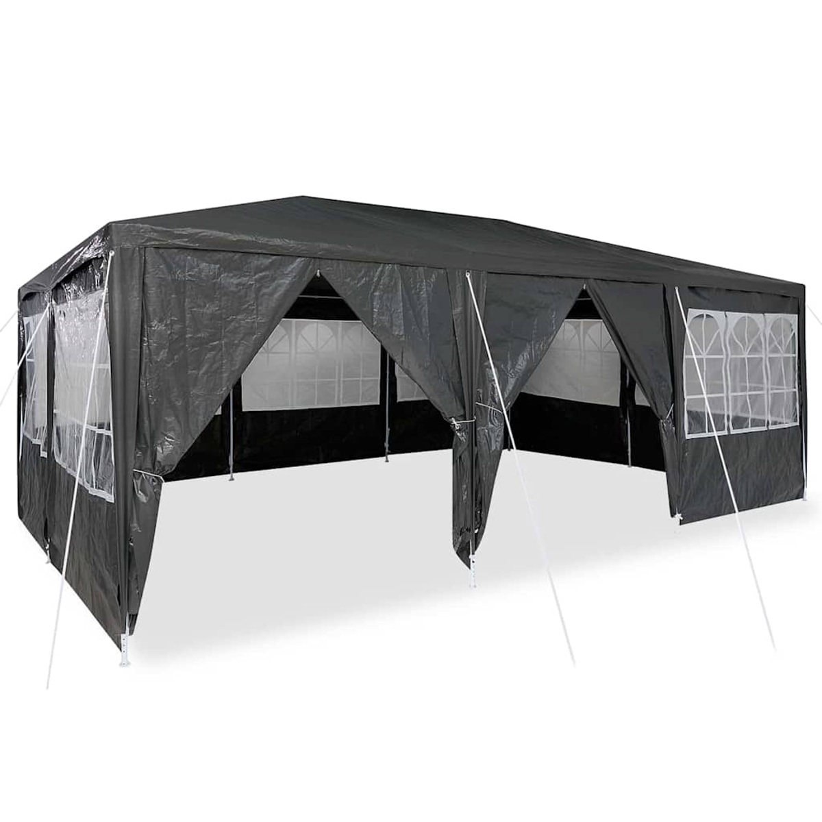 È mostrata una grande tenda nera per eventi, con diverse finestre trasparenti e pali di supporto bianchi. La tenda è su sfondo bianco.