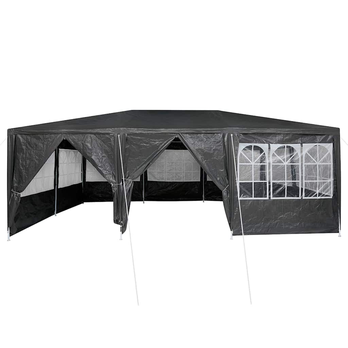 Una grande tenda nera da esterno con finestre bianche e ingressi aperti. Sono visibili pali di supporto bianchi, su sfondo bianco.