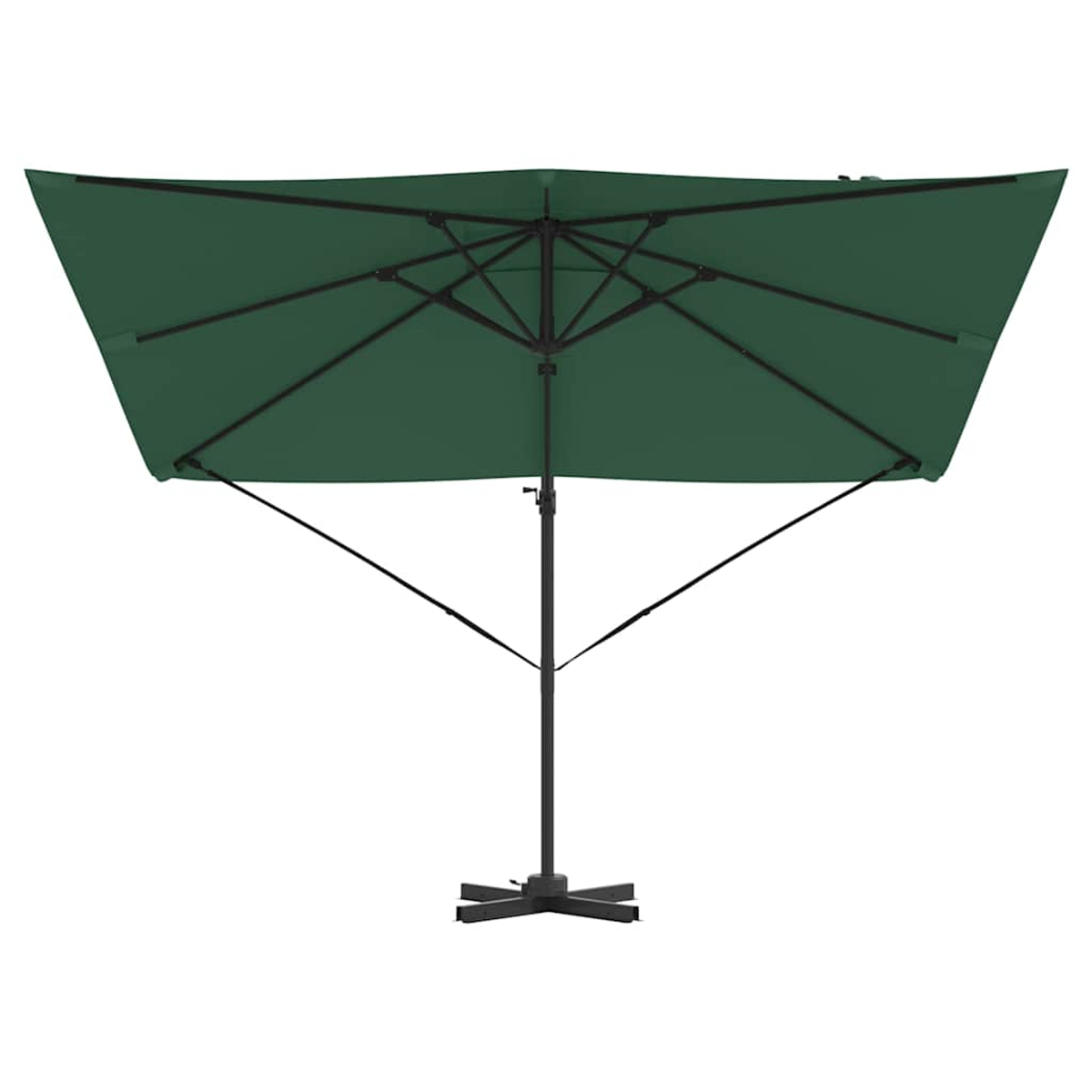 Un ombrellone rettangolare verde è aperto, con palo e base neri. Lo sfondo è bianco.