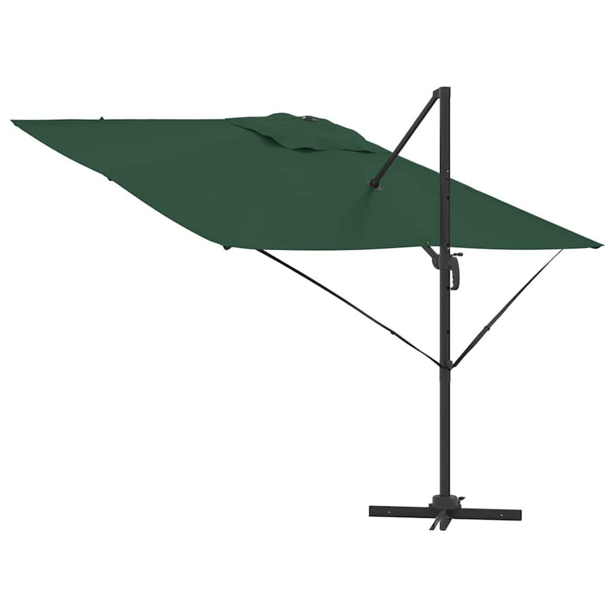 Un grande ombrellone verde con struttura nera su sfondo bianco. L'ombrellone è aperto, proiettando un'ombra.
