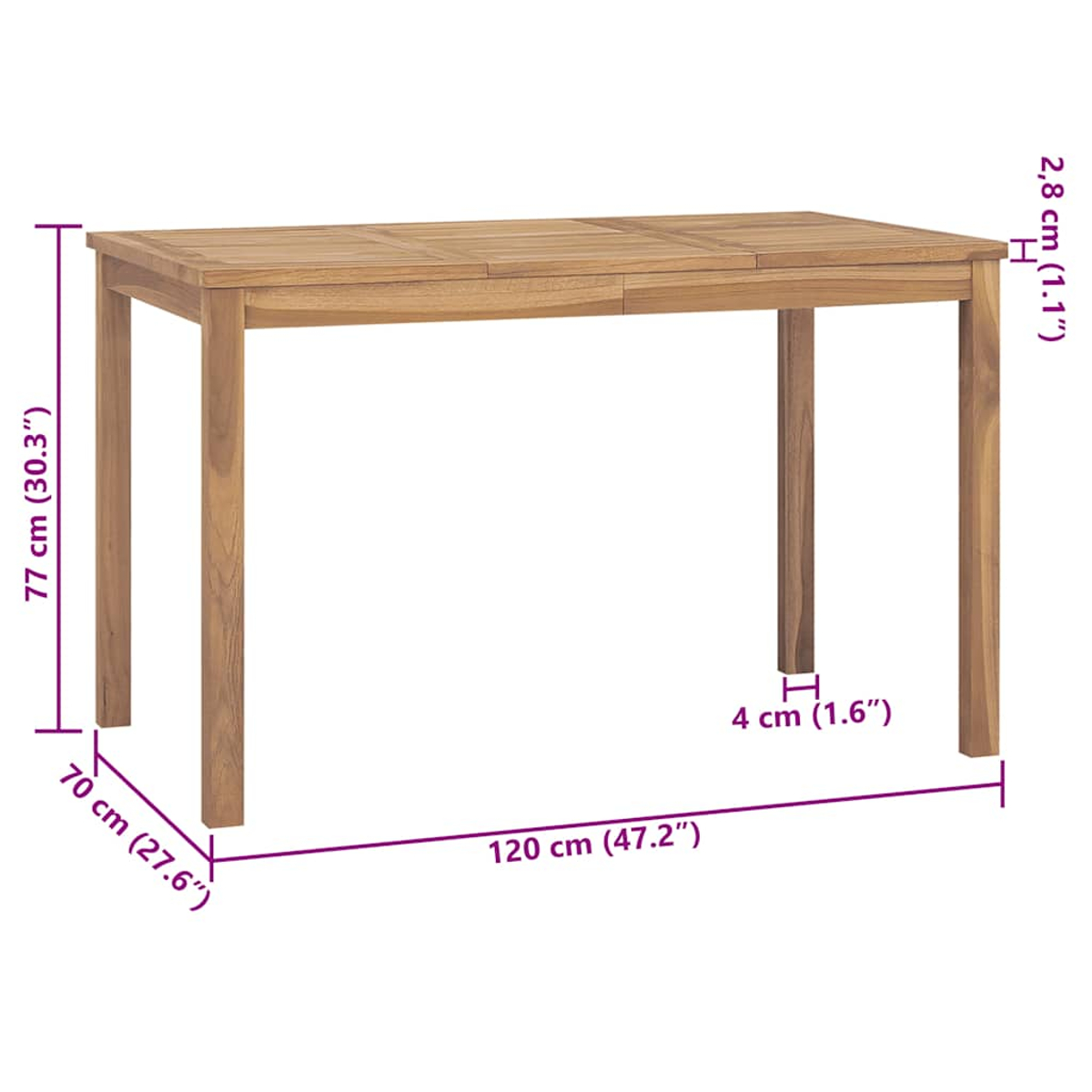 Ein rechteckiger Holztisch mit Maßen. Er ist braun mit sichtbarer Holzmaserung. Maße sind auf dem Bild angegeben.