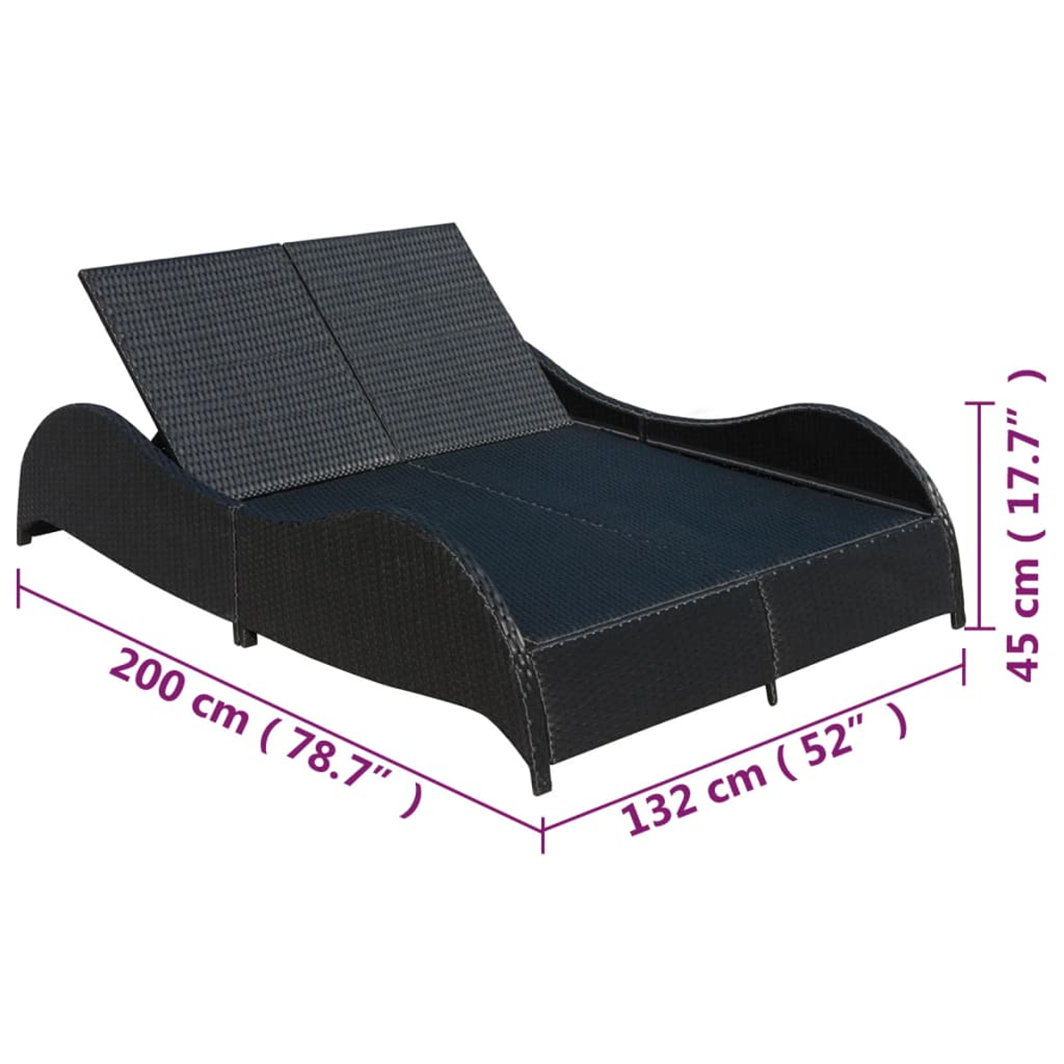 Schwarze doppelte Sonnenliege aus Korbgeflecht. Abmessungen: 200 cm lang, 132 cm breit, 45 cm hoch. Rückenlehnen verstellbar.
