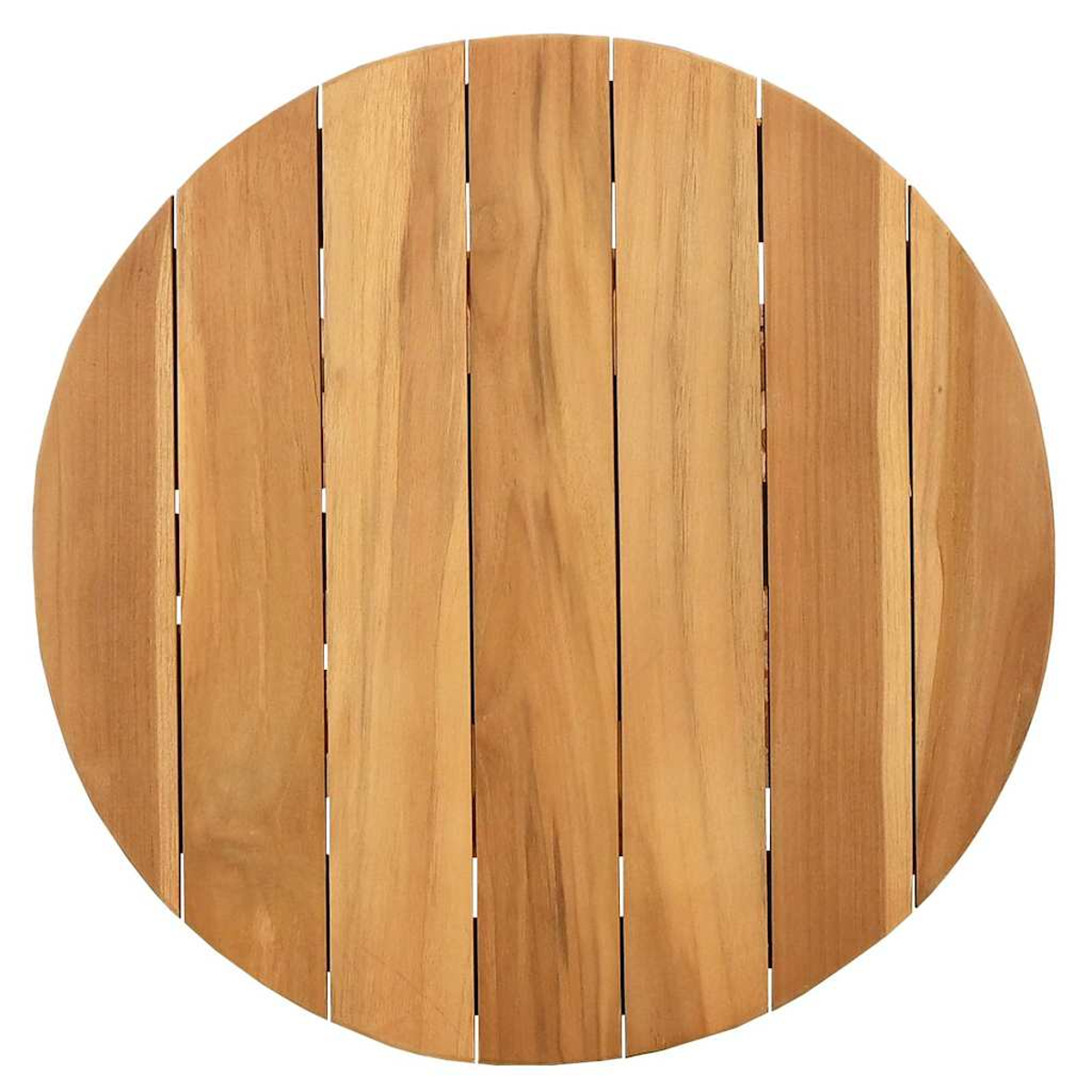Vista superior de una mesa redonda de madera. La mesa está hecha de tablas de madera verticales con vetas visibles, y es de color marrón claro.