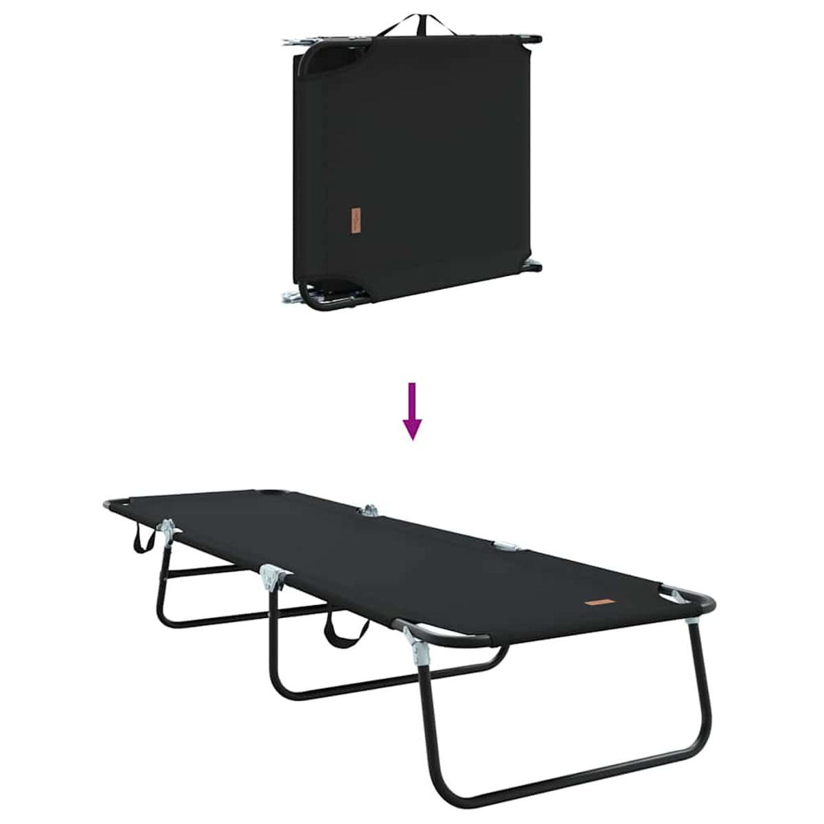 Ein schwarzes, zusammenklappbares Campingbett ist sowohl zusammengeklappt als auch ausgeklappt dargestellt. Das zusammengeklappte Bett ist rechteckig, mit Griff.