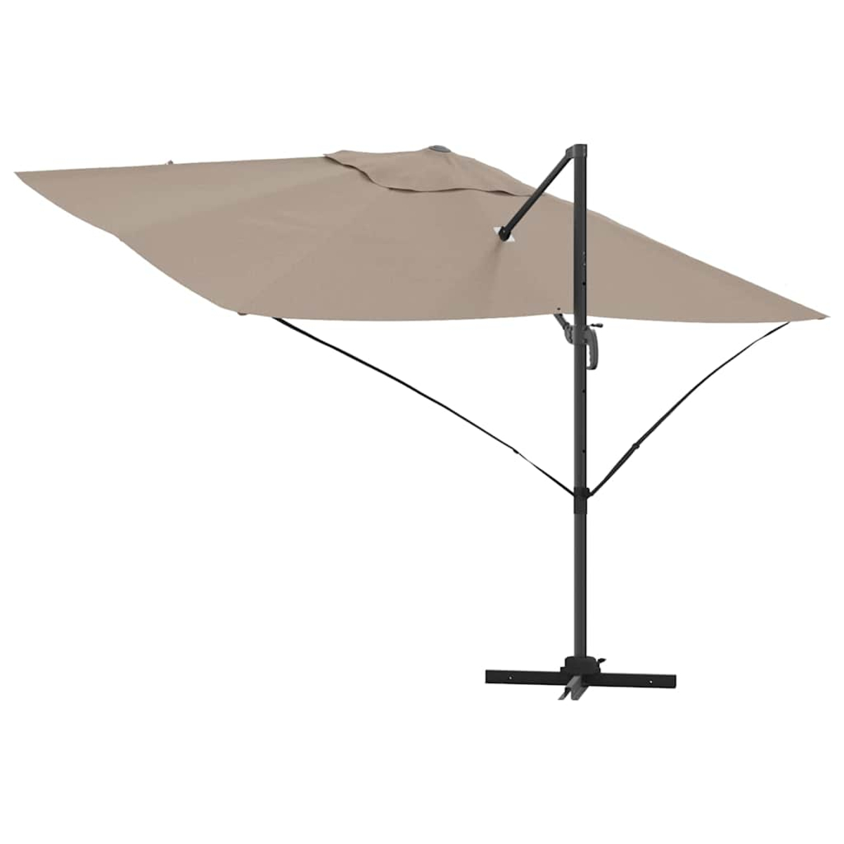 Un ombrellone da patio quadrato beige è aperto. Ha una struttura in metallo scuro e una base a croce. Lo sfondo è bianco.