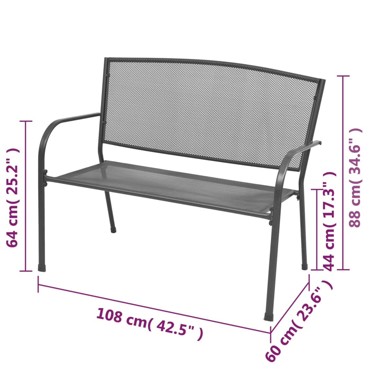 Metall-Gartenbank mit den Maßen: 108 cm lang, 60 cm breit, 88 cm hoch. Sie hat eine Netzlehne und Armlehnen.