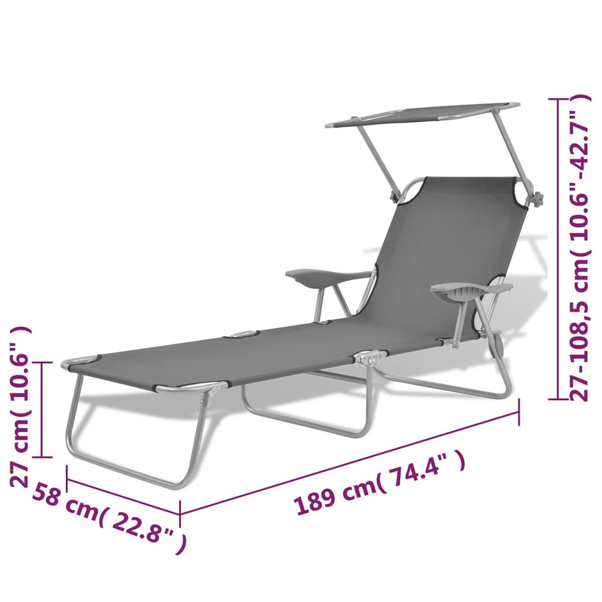 Graue Sonnenliege mit Baldachin. Maße: 189 cm lang, 58 cm breit und 27-108,5 cm hoch.
