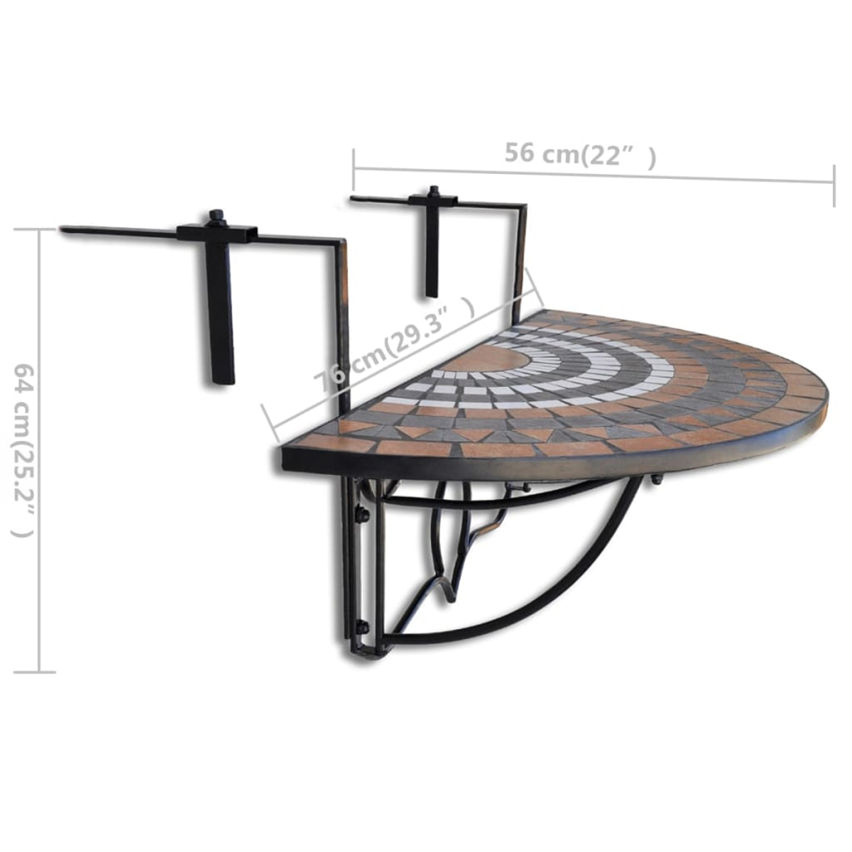 Ein halbkreisförmiger, wandmontierter Tisch mit einer Mosaikfliesenplatte und einem schwarzen Metallrahmen. Abmessungen sind in cm und Zoll angegeben.