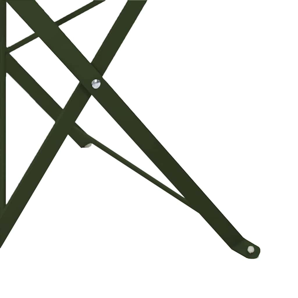 Nahaufnahme eines grünen Metall-Klappstuhlbeins vor weißem Hintergrund. Das Bein ist abgewinkelt, Nieten sind sichtbar.