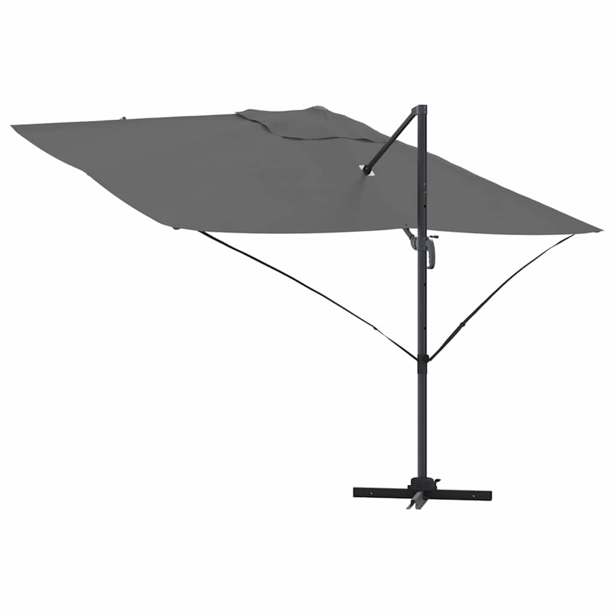 Un ombrellone da patio grigio rettangolare. Il telaio è nero e la base ha una forma a croce. Lo sfondo è bianco.