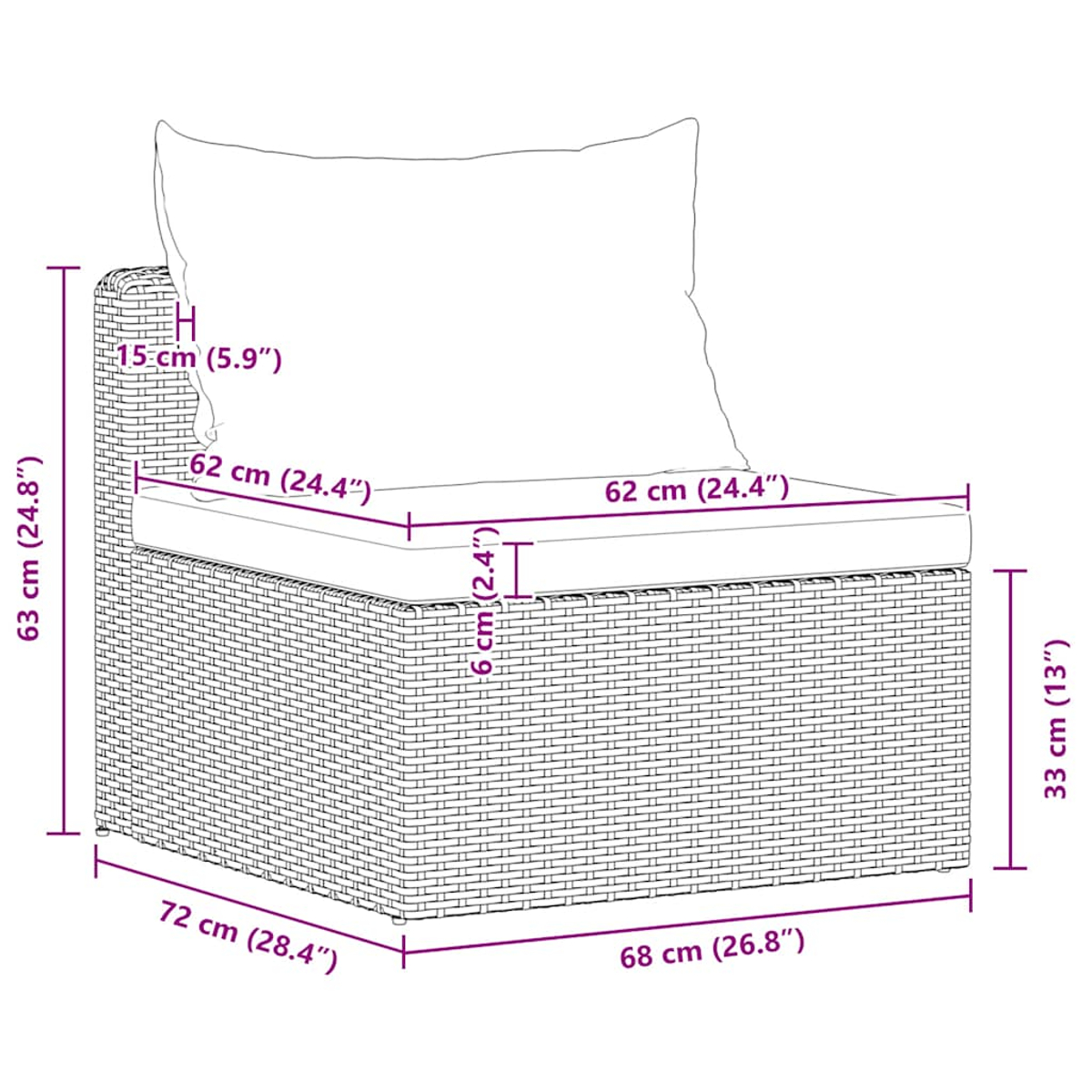 Ein Korbstuhl mit weißem Kissen und Rückenlehne. Abmessungen sind in Zentimetern und Zoll angegeben.