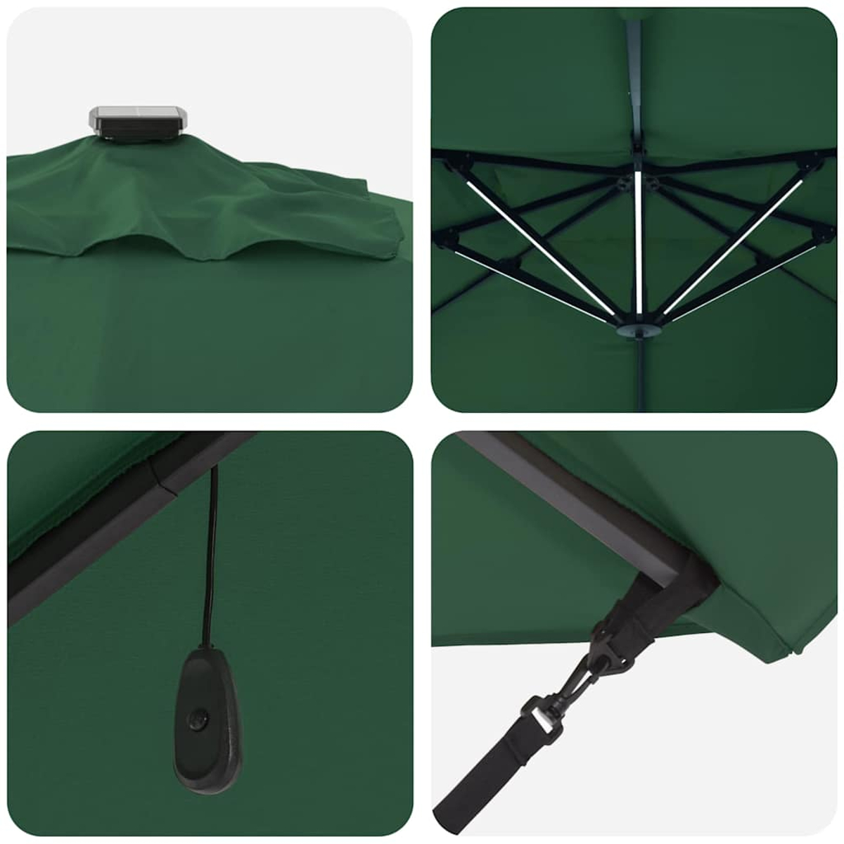 Grüner Sonnenschirm mit Solarpanel, Metallrahmen und schwarzen Riemen. Details von Oberseite, Rahmen, Steuerung und Befestigung.