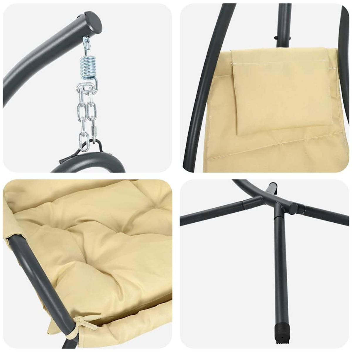 Nahaufnahme eines beigen Schaukelstuhls. Details umfassen Metallrahmen, Feder, Kette, Sitzkissen und Rückentasche. Der Hintergrund ist schlicht.